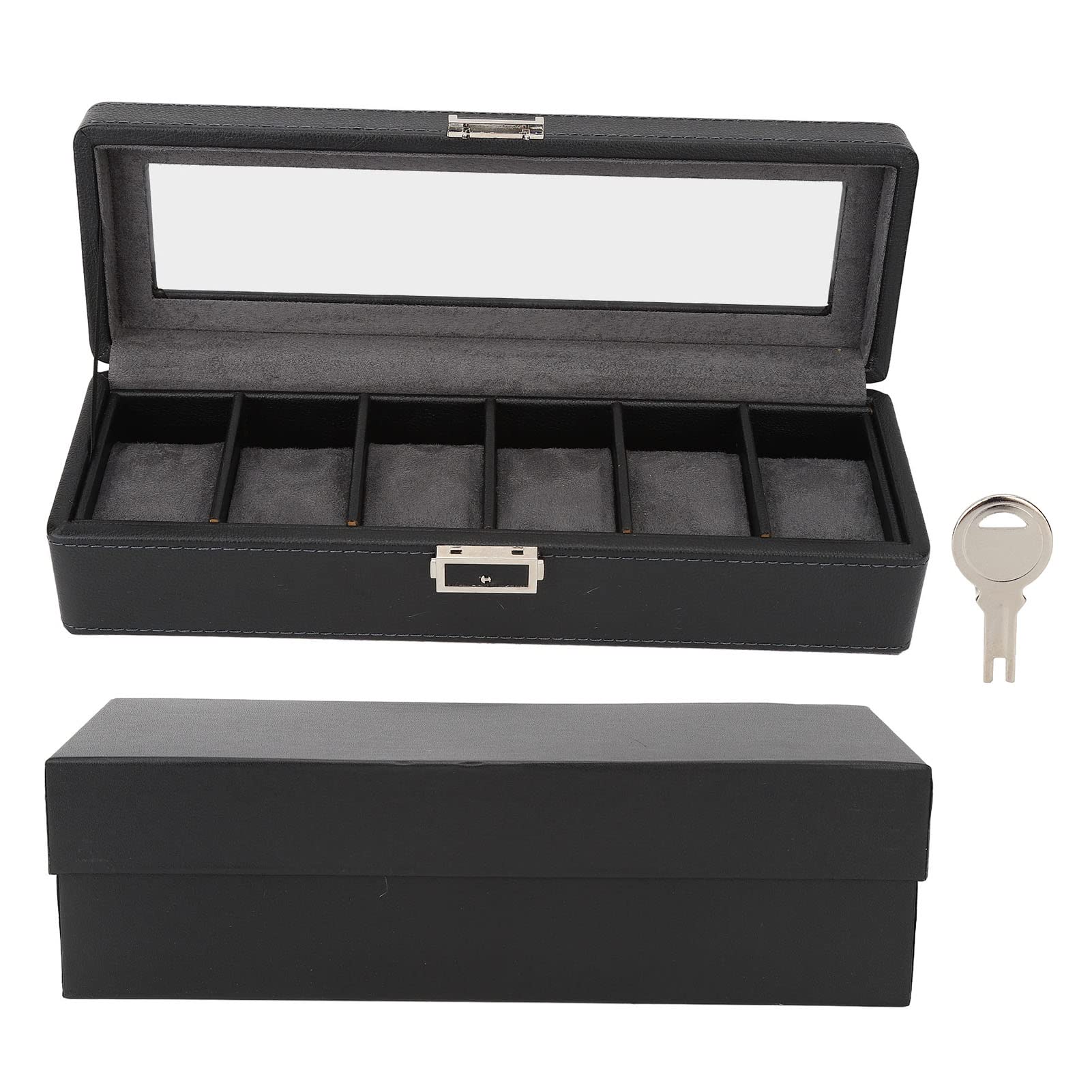 Uhrenbox mit 6 Fächern und Glasdeckel, einlagiges Schmuckaufbewahrungsgehäuse für Uhren, transparente Display-Box mit PU-Leder-Oberfläche für Wohndekor und Reisen