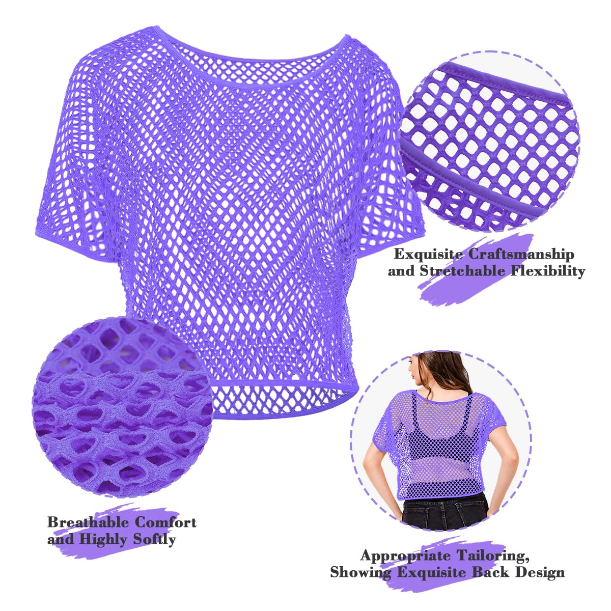 WILDPARTY 80s Fancy Dress Fishnet Top for Women, Neon Mesh Top Off The Shoulder T-shirt 1980s Retro Theme Party Costume Accessories Cosplay - Image 4