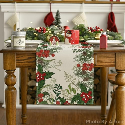 Miniatura 7 de Artoid Mode Camino de mesa de Navidad con cono de pino de Holly, decoración de mesa de comedor de invierno para decoración de fiesta del hogar, 13 x