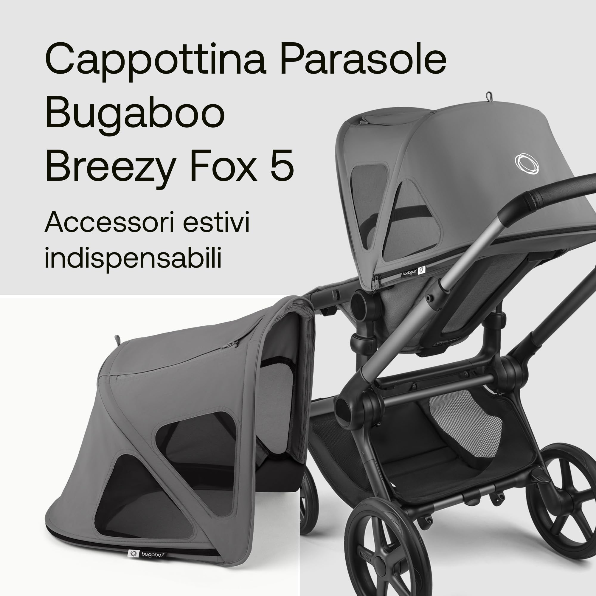 Bugaboo Fox Cappottina Breezy, Estensibile per una maggiore copertura e una Protezione Solare ottimale, Resistente all'Acqua, Compatibile Con Tutti i Passeggini Fox/Cameleon 3, Moon Grey