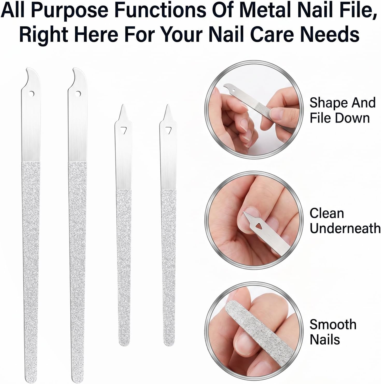 4Pcs Diamonds Deb Nail File Stainless Steel Buffers, Metal Nail File with Sharp Pointed Tip for Natural Nails Double-Sided Manicure Pedicure Toenail Tools for Salon and Home