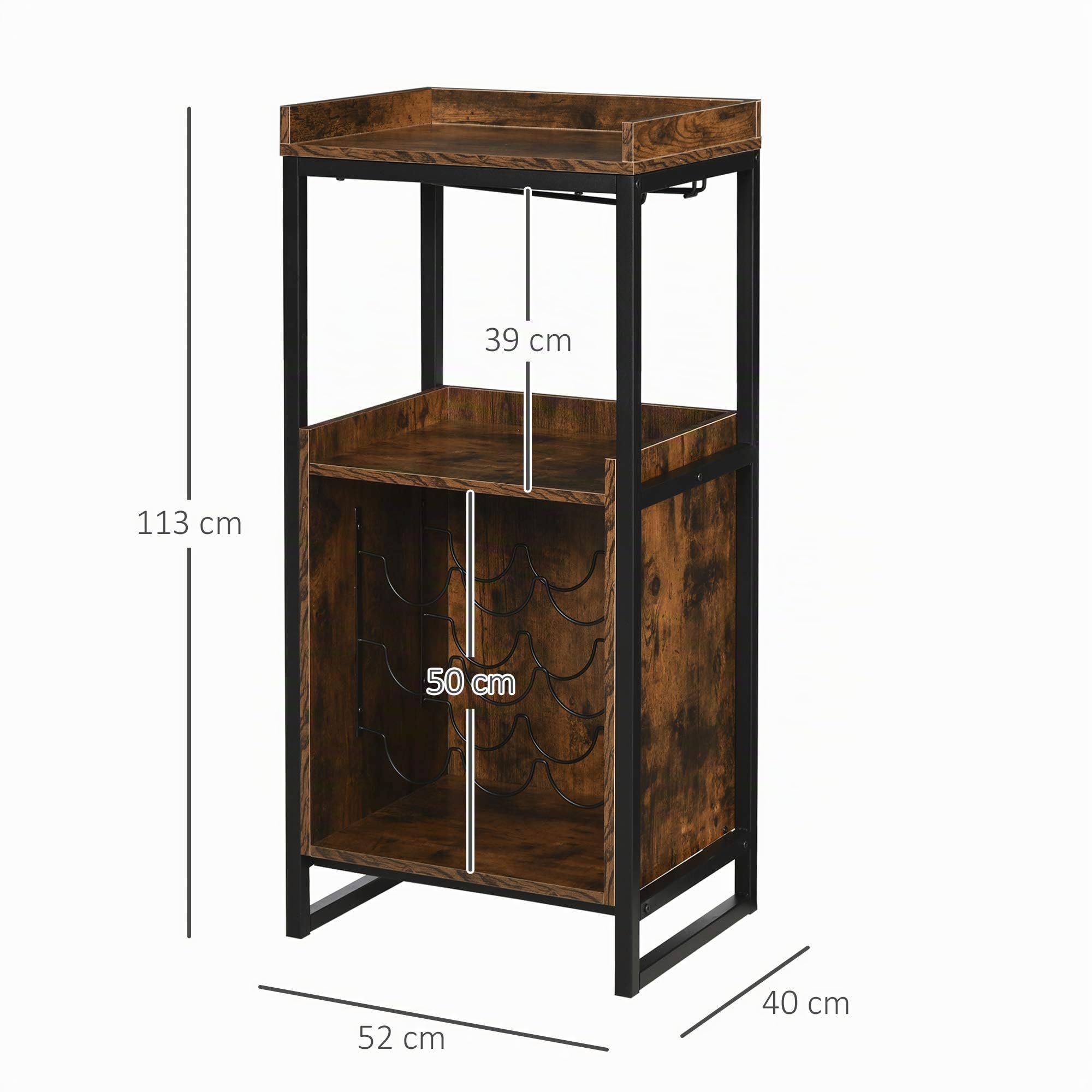 HOMCOM Mobile Portabottiglie Stile Industriale 52x40x113cm Marrone | Cantinetta Vini per 9 Bottiglie, con Portacalici e Ripiani