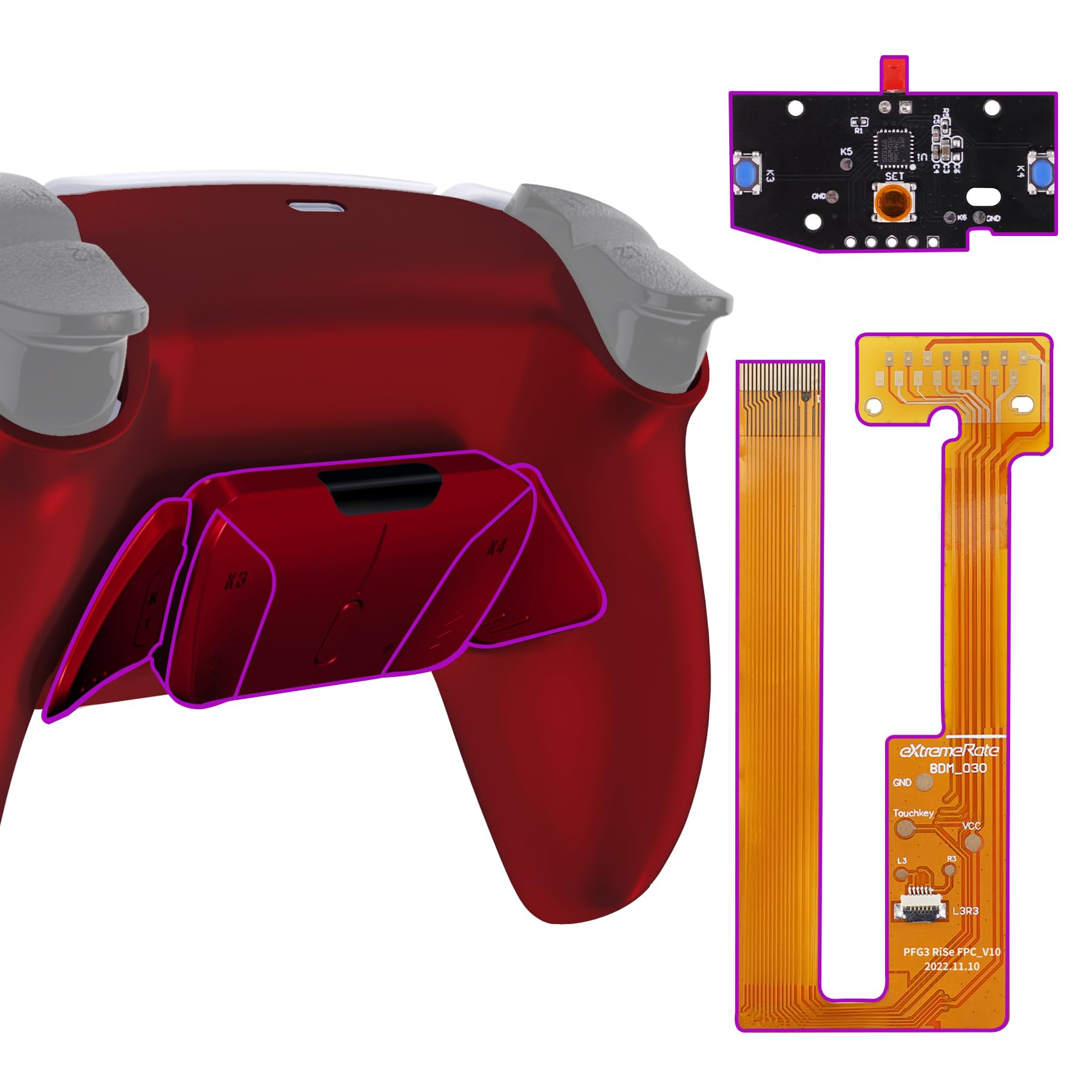 eXtremeRate Programable RISE4 Remap Kit para ps5 Modelo BDM-030/040/050 Actualización Board & Carcasa Trasera & 4 Palancas Botones Traseros para ps5 Control-NO Incluye Mando(Escarlata Rojo)