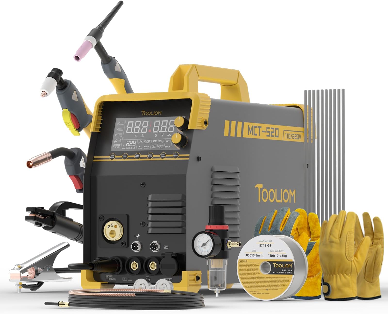 TOOLIOM MIG/TIG/CUT/Stick/Flux MIG/Spool Gun Welder 6 in 1 Multiprocess Welding Machine 110/220V Dual Voltage Aluminum Welding Machine Spool Gun Compatible