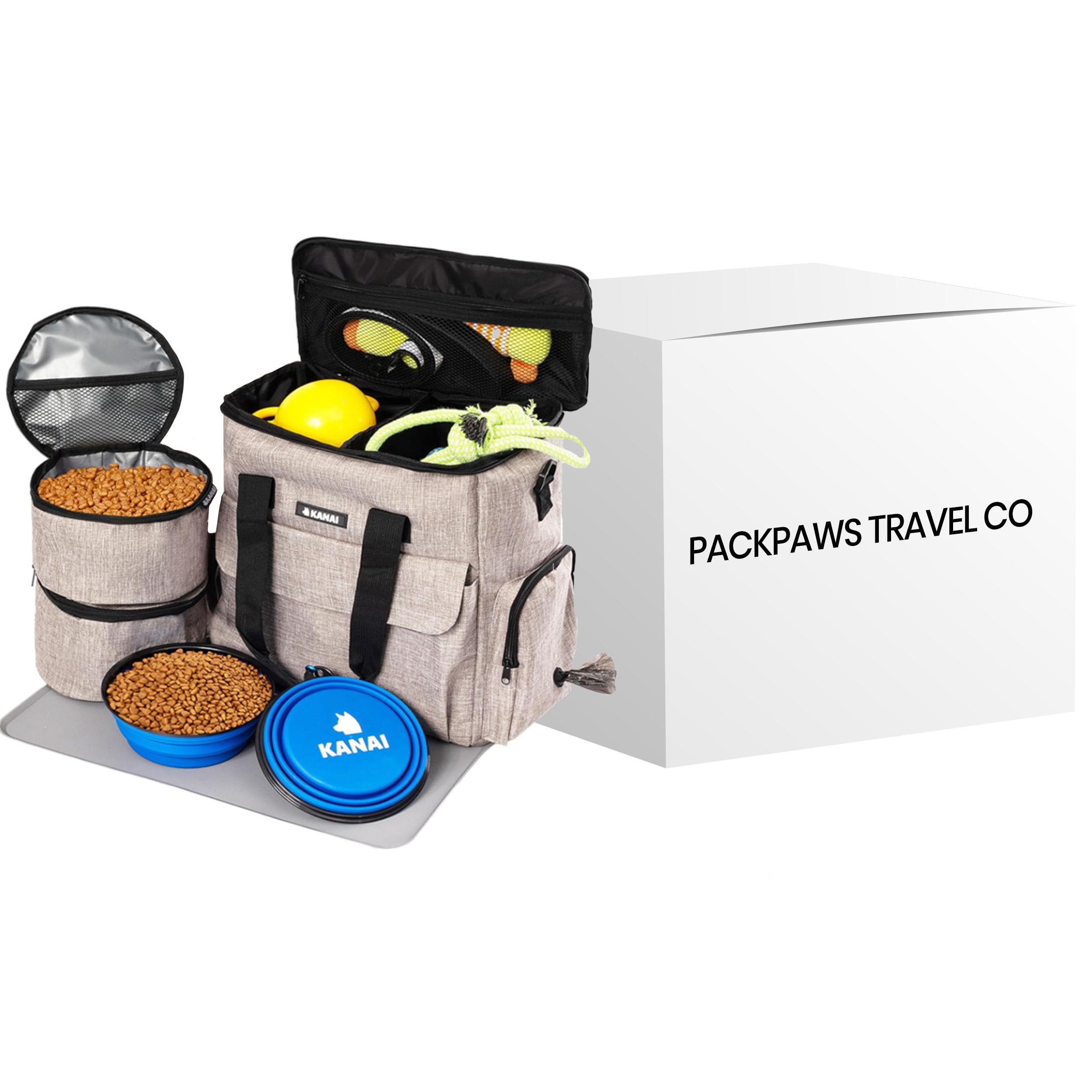 PackPaws Travel Co. 8-Pack – Dog Travel Essentials Kit – Food Storage, Bowls, Mat & Poop Bag Dispenser – Institutional Pet Supply Set