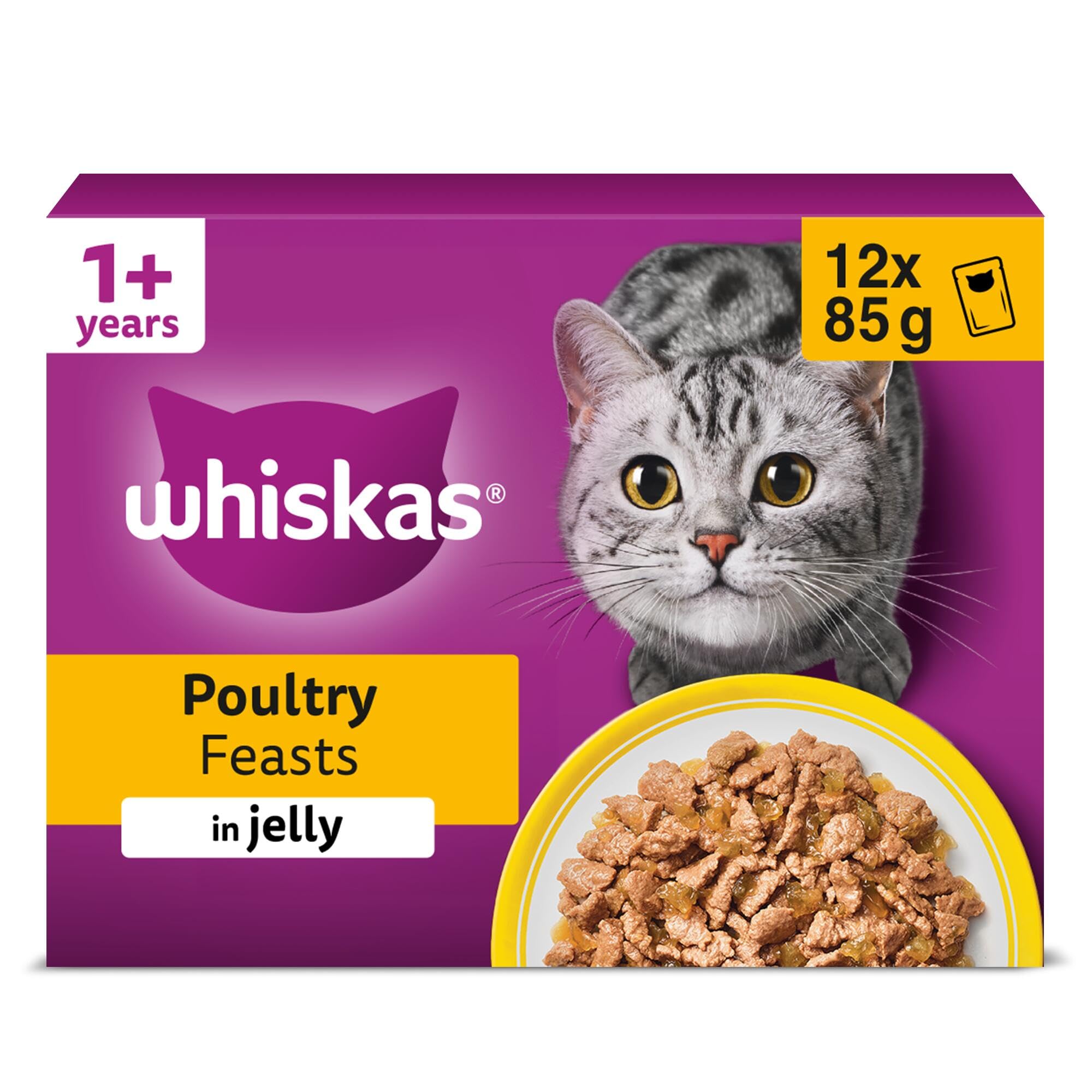 WHISKAS 1+ Cat Pouches Poultry Feasts in Jelly 12 x 85 g
