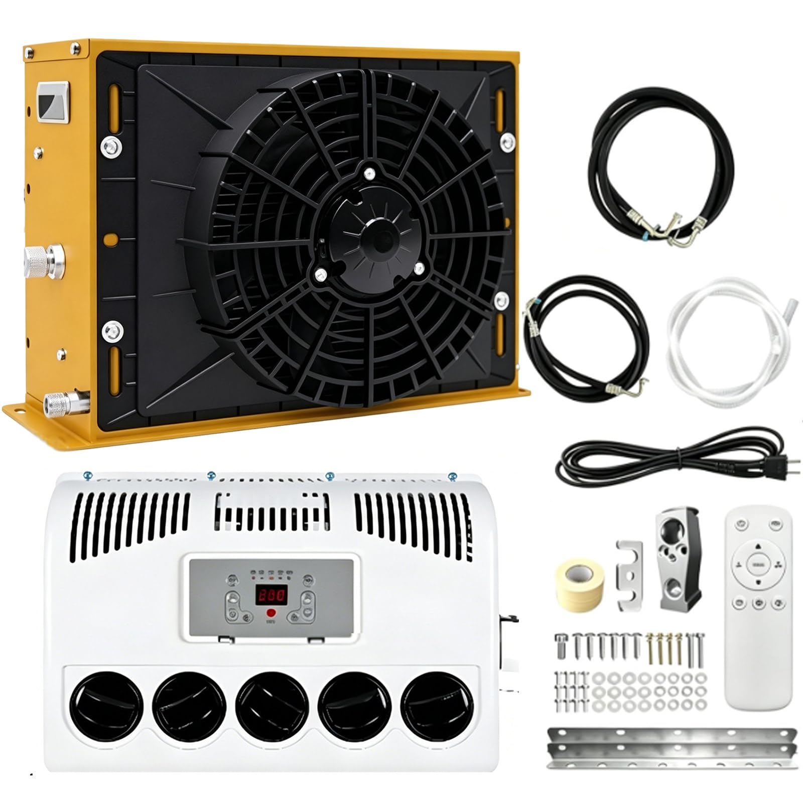 Osnzyc Yellow 12V/24V Rv Air Conditioner, 11000 Btu Split Parking Air Conditioner Kit Electric Split Ac Unit, Silent - Fast Cooling, For Semi-Trailer Trucks, Buses, Rvs, Caravans, Excavators -12V