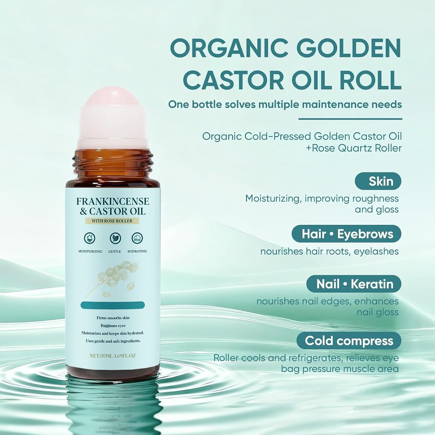 Frankincense and Castor Oil Rose Roller – Cold-Pressed Castor Oil Roll-On with Removable Rose | Firms Smooths Skin, Suitable for Face, Neck, Abdomen, 50ML/1.7OZ (1) - Image 2