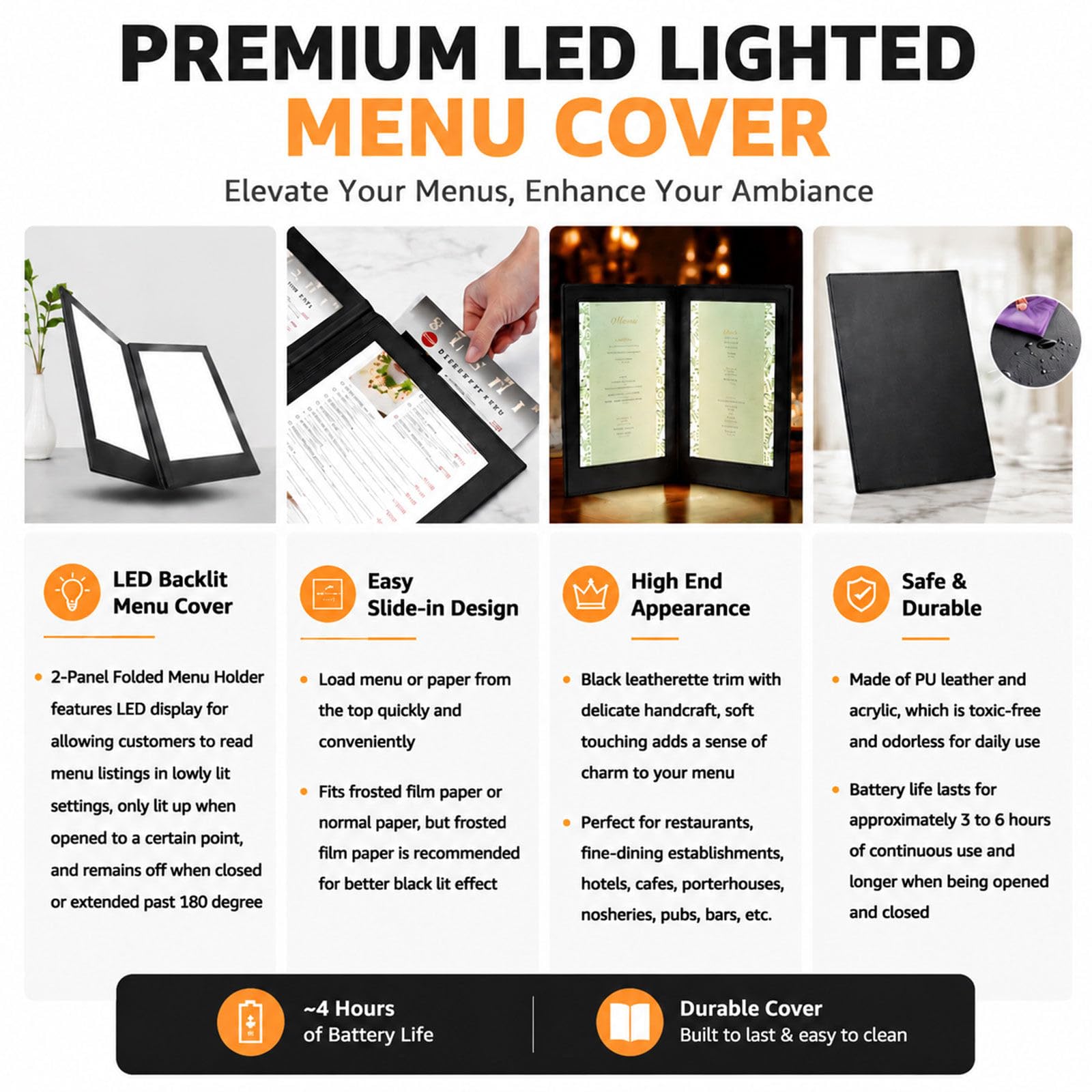 Porta Menú LED Multipágina A4, Soporte Iluminado Recargable para Cartas de Restaurante y Bebidas A4FourSide2Pack