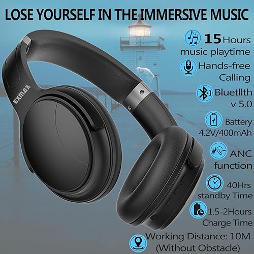 Miniatura 2 de EXMAX H5 Auriculares Bluetooth sobre la oreja ANC estéreo de alta fidelidad inalámbricos/con cable + micrófono plegables cómodos orejeras