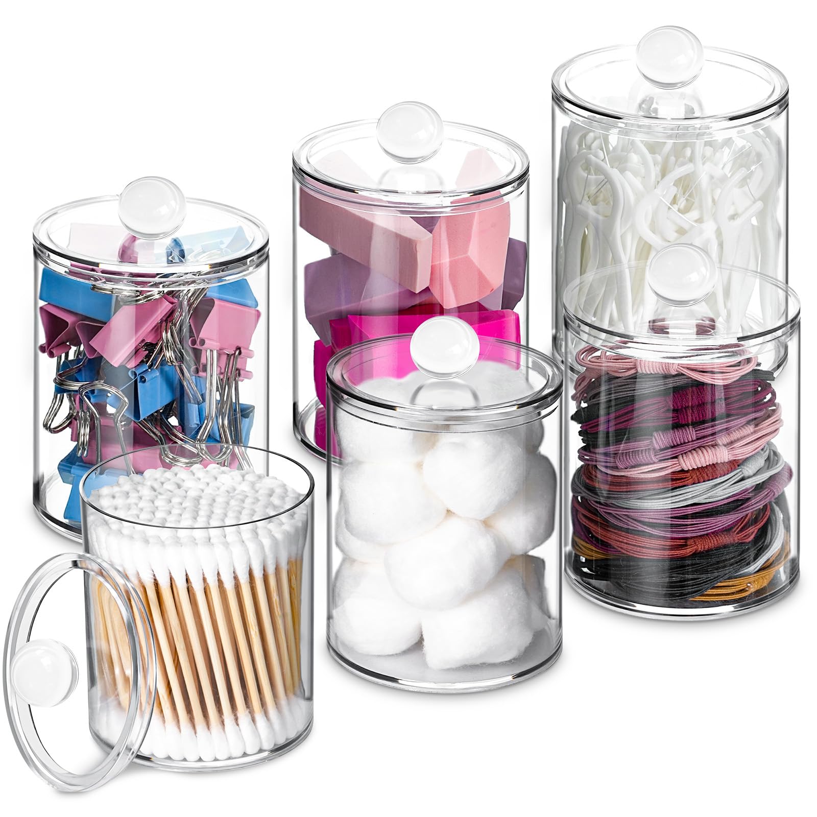 6 Pcs Acrylic Qtip Holder, Cotton Ball Holder Jars with Lids, Clear