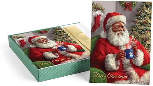 Masterpiece - Juego de tarjetas navideñas de Papá Noel, 16 tarjetas navideñas en caja con sobres blancos forrados de papel dorado a juego, tarjetas