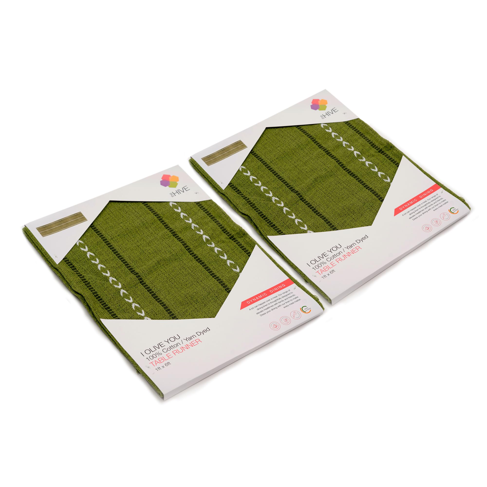 The Hive Cotton Table Runner for 6 Seater Dining of Size 33 x180 cm | Decorative Cloth for Party, Home, Cafes, Restaurant & Hotels - Machine Washable| Pack of 2| (I Olive You)