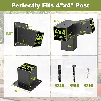 15° 3-Way 6Pcs Slanted Roof Pergola Bracket Set, 4x4 Wall Mount Kit