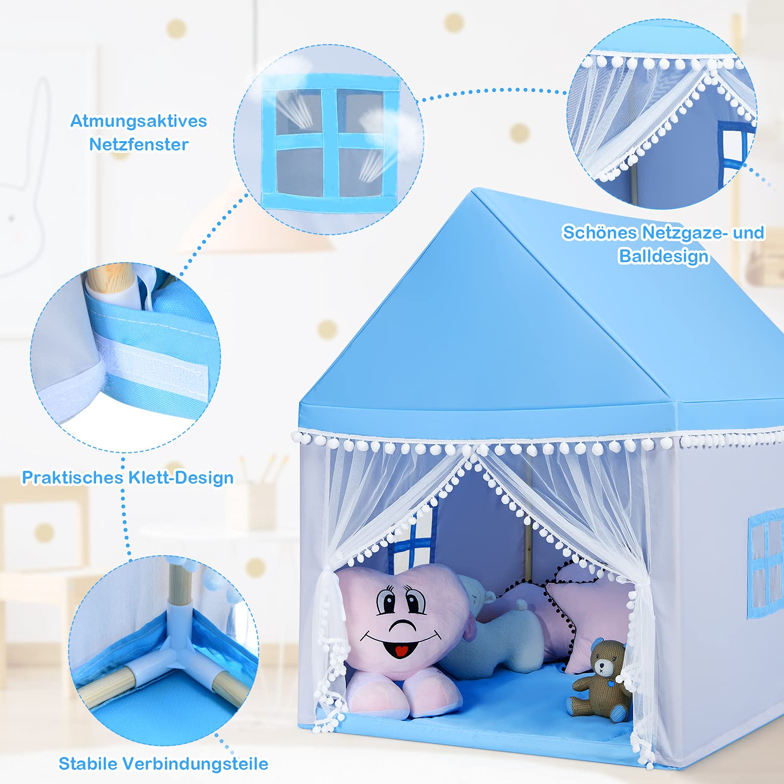 RELAX4LIFE Kinderspielzelt für Jungen & Mädchen, Spielhaus Prinzessin Prinzess, Kinderzelt mit Fenster & Matte, Spielzelt Kinder, für Indoor & Outdoor, 105 x 120 x 140 cm, Geschenk für Kinder (Blau)