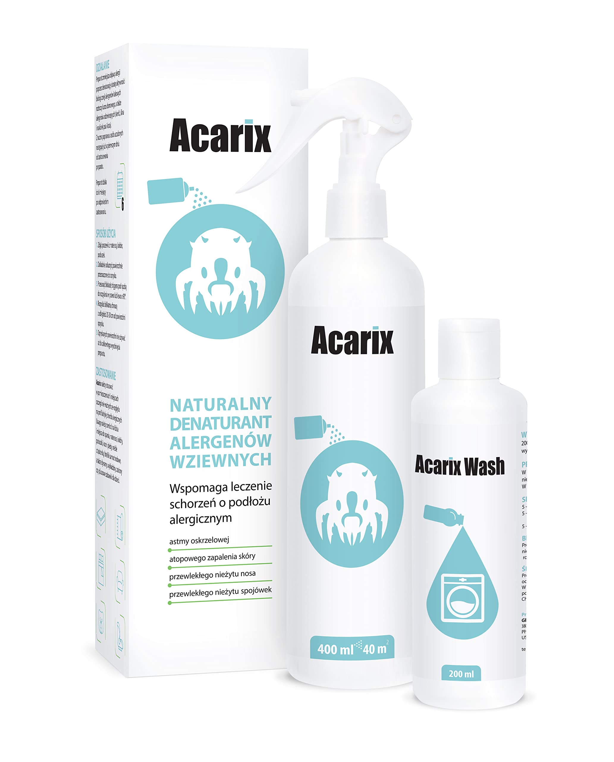 Acarix Wash środek na roztocza | płyn do prania pościeli na roztocza | do stosowania w pralkach automatycznych | działa na alergeny kota i psa | przebadany w USA | Hipoalergiczny preparat na alergeny roztoczy, skuteczny przy AZS, astmie, katarze siennym |