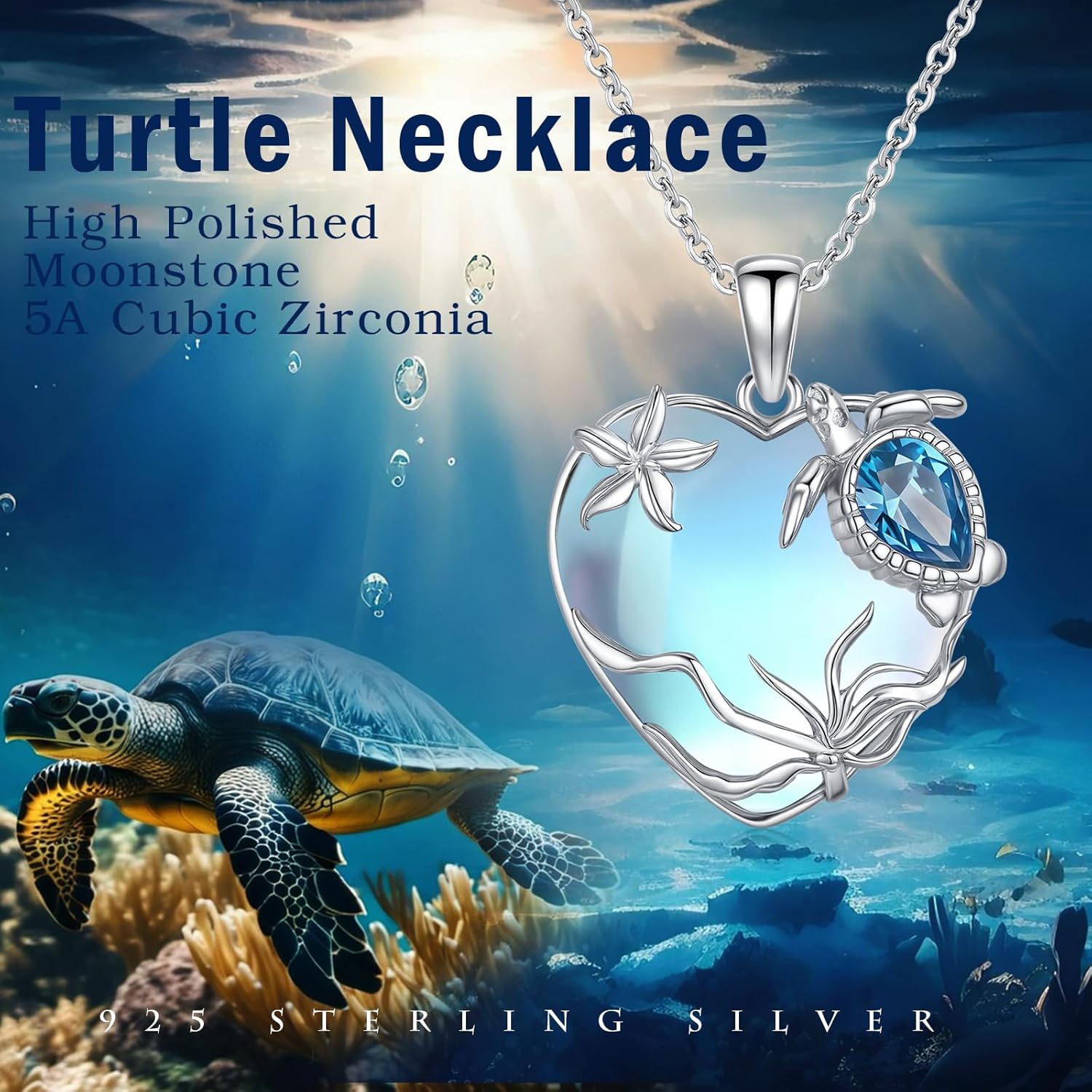 Sea Turtle Necklace for Women 925 Sterling Silver Heart of the Ocean Moonstone Pendant Necklace Turtle Moonstone Jewelry Gift for Wife Mom - Image 5
