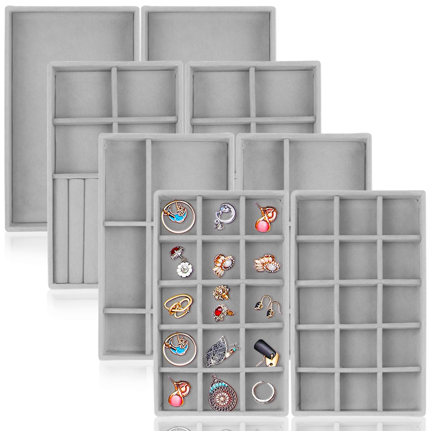 10 Plateaux Velours Rangement Bijoux - Organisateur Tiroir Empilable - Gris