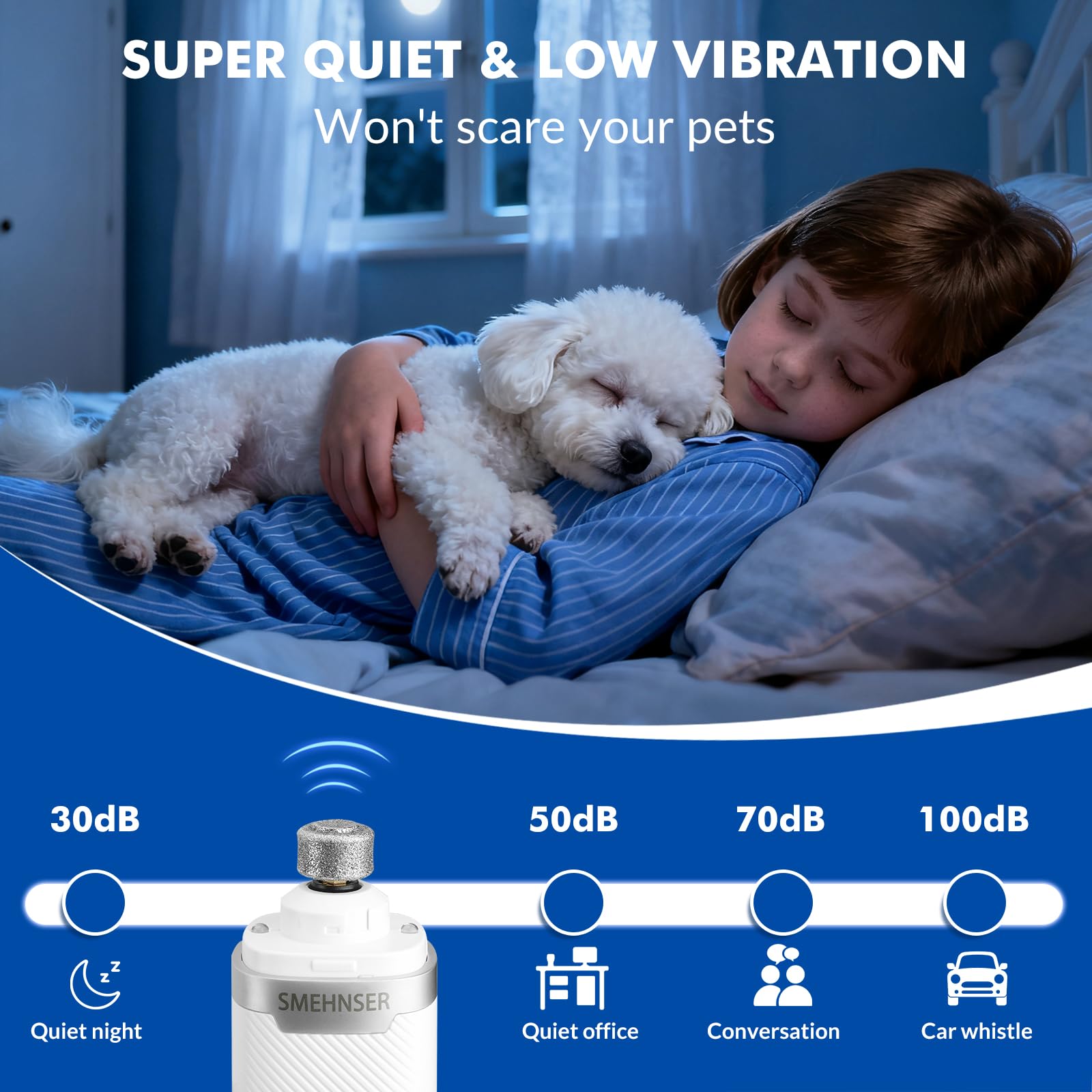 Silent Groom Pro Nail Grinder, 3-Speed Quiet Electric Dog Nail Grinder, Rechargeable Dog Nail Trimmers with 2 LED Lights for Small Large Dogs, Pet Nail Clippers with 2 Grinding Wheels - image 5