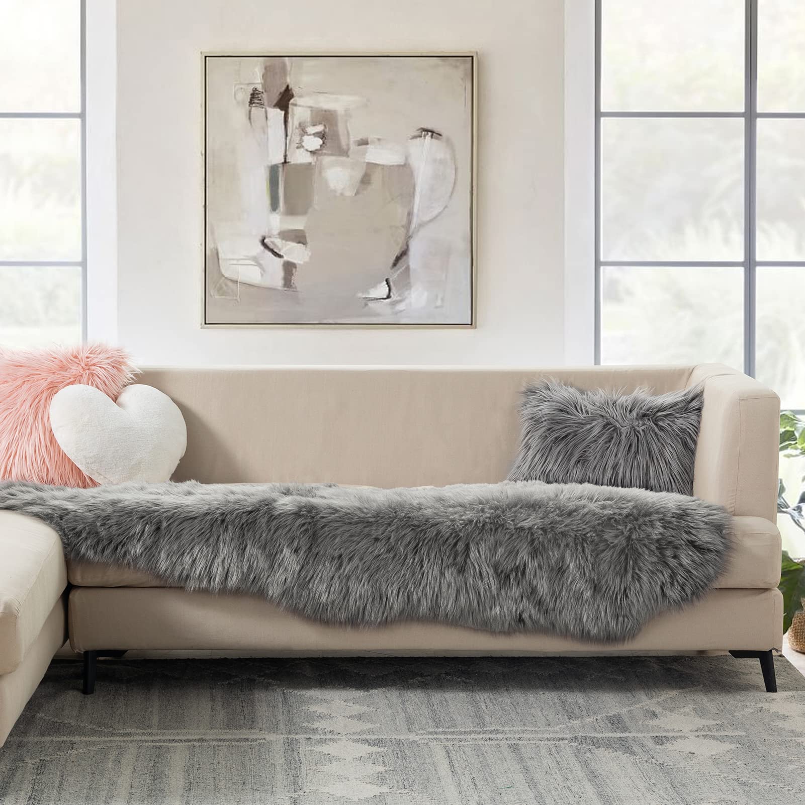 Ashler - Alfombra de Piel de Oveja sintética, mullida, ultrasuave, Rectangular, Parte Inferior Mate, Lavable a máquina, Shaggy para habitación de los niños, Dormitorio, Sala de Estar, Color Gris