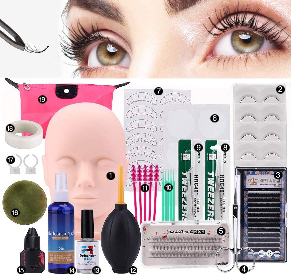 Pro 19pcs False Eyelashes Extension Practice Exercise Set, Professional Head Model Lip Makeup Eyelash Grafting Training Tool Kit for Makeup Practice Eye Lashes Graft