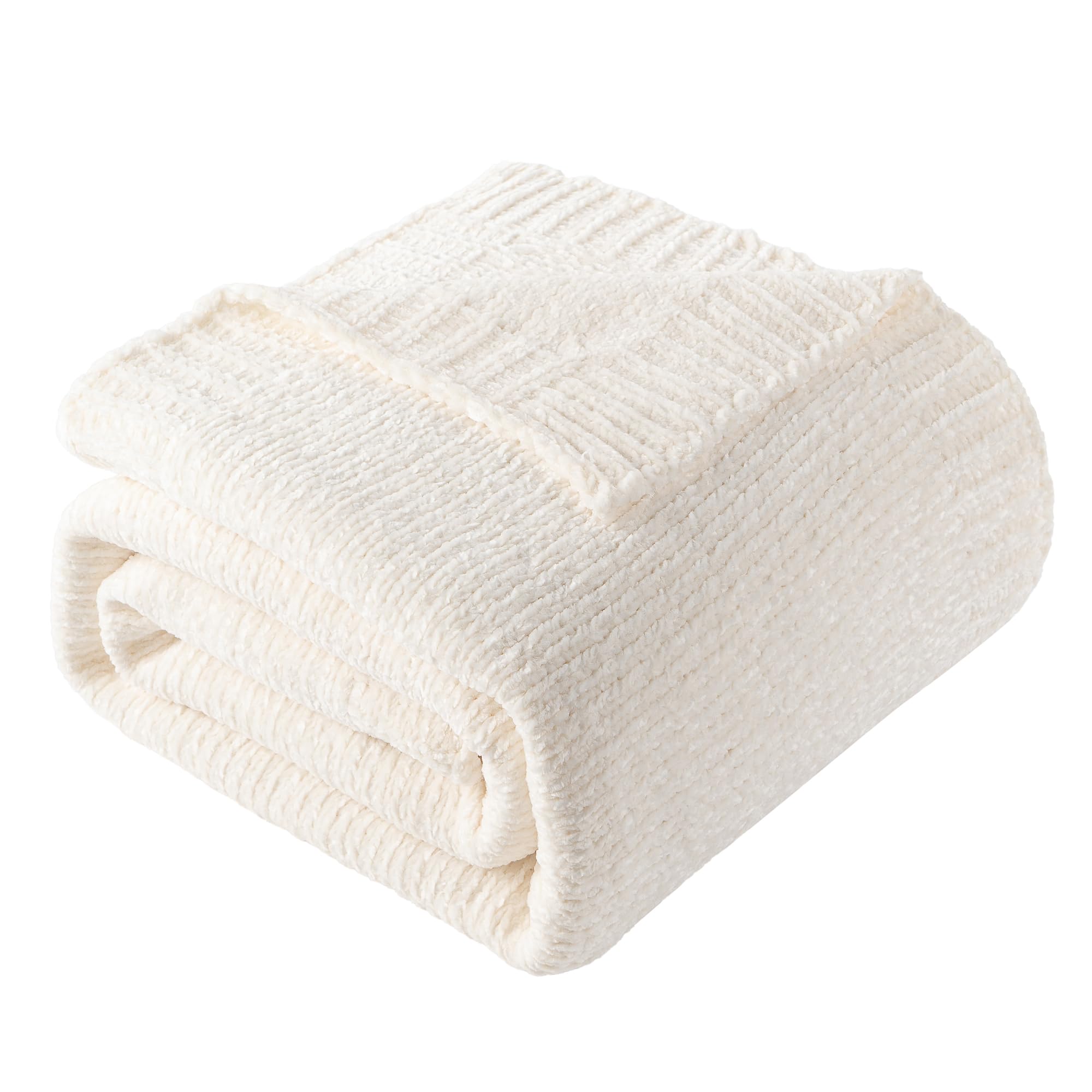 BATTILO HOME White Chenille Throw Blanket for Couch, Knit Cream Chenille Blanket for Bed, Sofa, Home Decor, Soft Warm Ivory Throw Blankets for Farmhouse,51"x67"