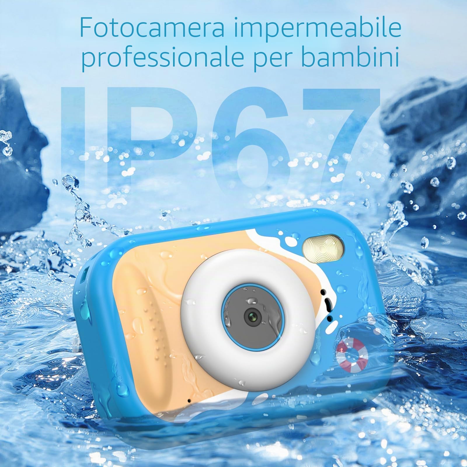 Macchina Fotografica Bambini, Fotocamera Impermeabile Bambini 48MP 1080P Macchina Fotografica Digitale Subacquea con 2,4 Pollici Schermo, 32GB Scheda, Flash LED, Regalo per Bambina e Bambino 3-12 Anni