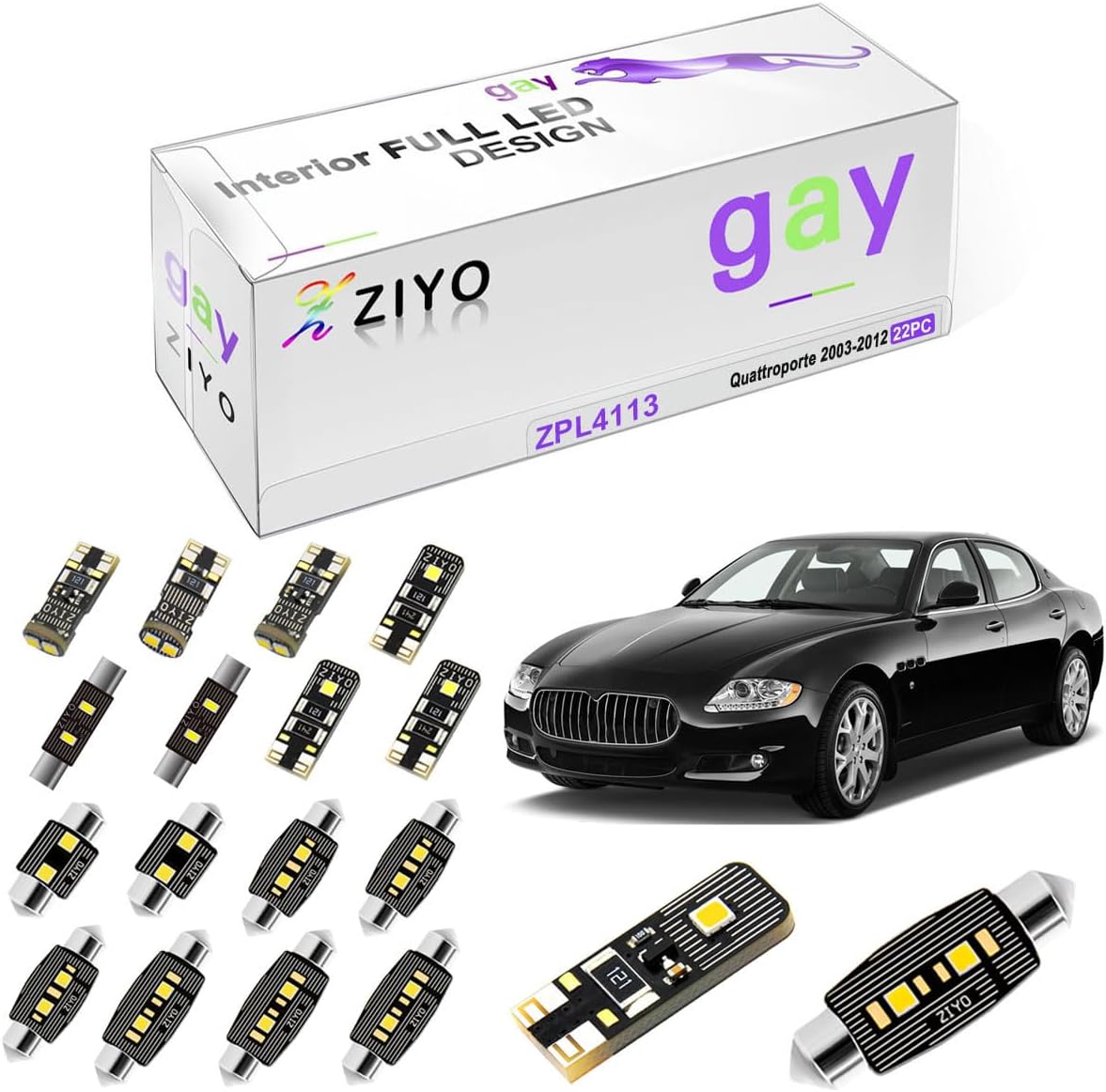 ZIYO ZPL4113- (22 Bulbs) LED Interior Light Kit + License Plate Light Bulbs Package Replacement for Maserati Quattroporte 2003-2012 Xenon White Error Free