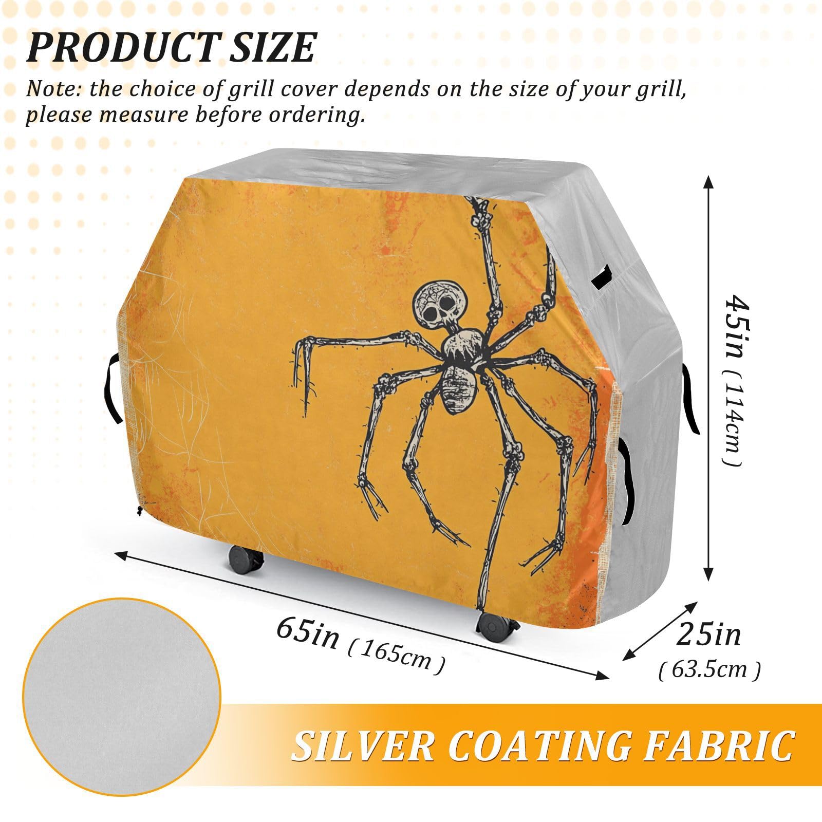 Upiorny szkielet owady kość pomarańczowy pokrowiec na grilla na Halloween 154 cm wodoodporny wytrzymały odporny na rozdarcie odporny na blaknięcie materiał pokrowiec na grilla z regulowanym sznurkiem