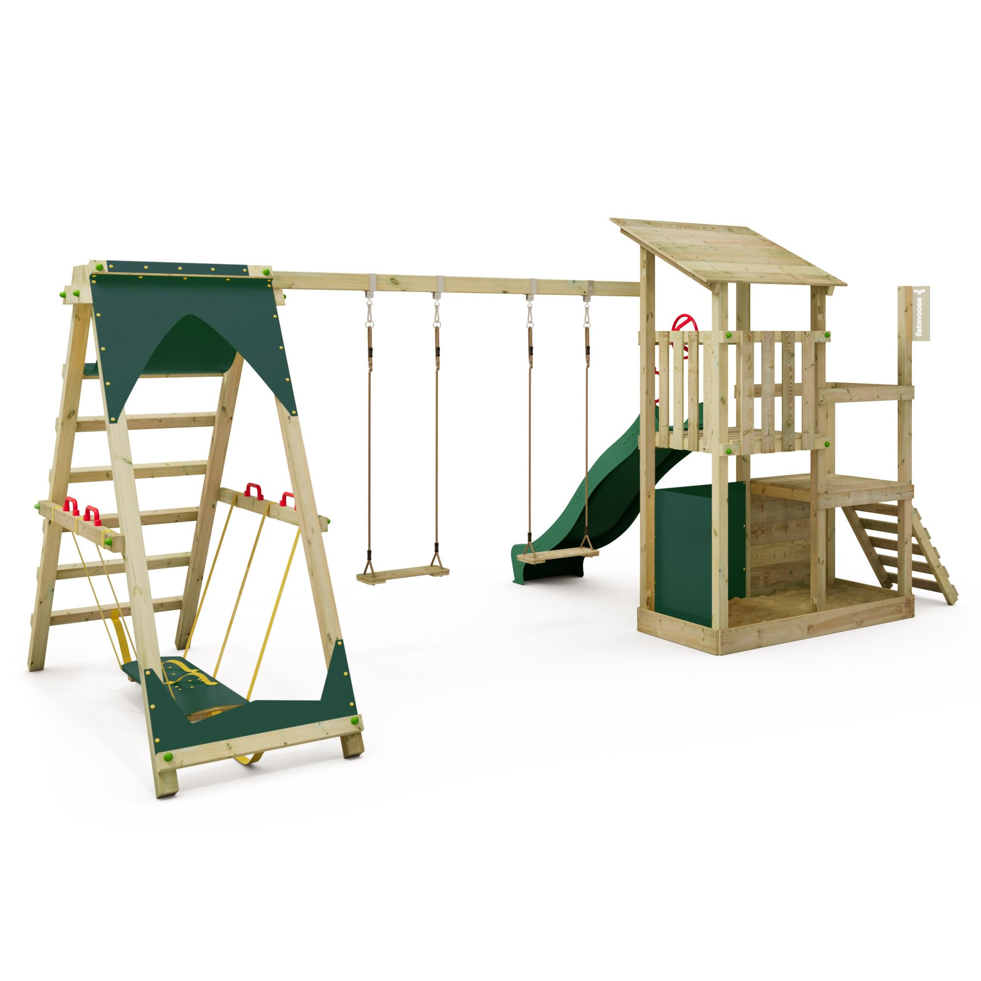 FATMOOSE Spielturm Klettergerüst FruityForest Fun XXL mit Surfanbau, Schaukel & Rutsche, Outdoor Kinder Kletterturm mit Sandkasten, Leiter & Spiel-Zubehör für den Garten (grün)