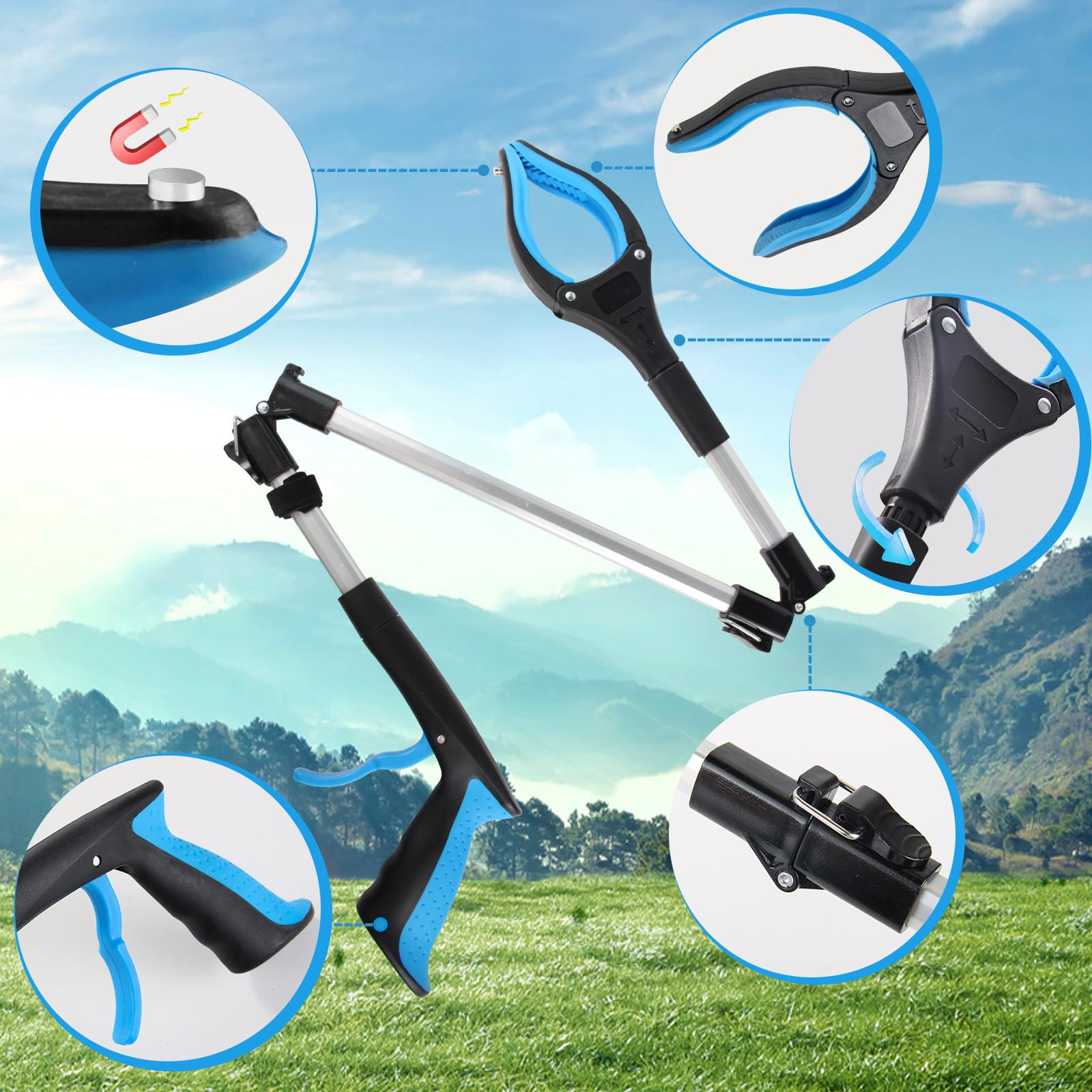 91cm Pinza telescopica, Strumento per la Raccolta di Rifiuti Pieghevole in Alluminio con Punta Magnetica, Morsetto in Gomma e Testa Rotante 360°, Presa Robusta (Blu)