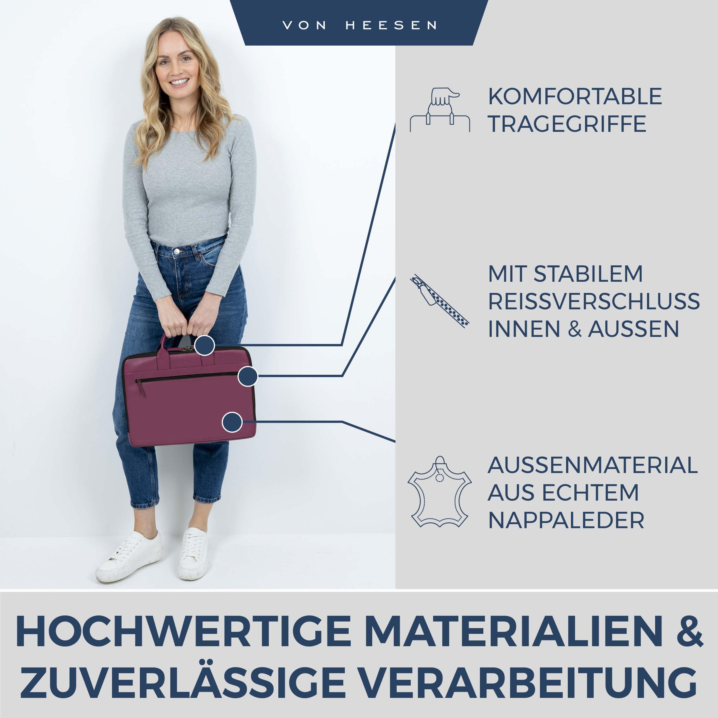 VON HEESEN Leder Aktentasche Laptoptasche bis 16 Zoll aus hochwertigem Nappa-Leder