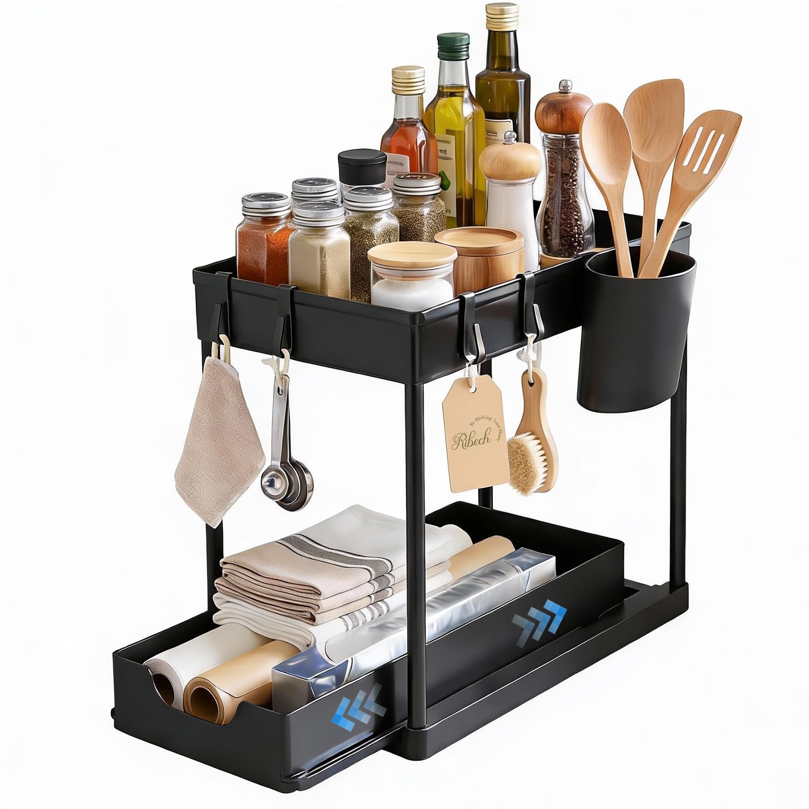 Unter Waschbecken Regal Spülschrank Organizer, 2 Etagen Standregal Küche Arbeitsplatte Regal Organizer, Mehrfunktional Küchenregal Gewürzregal Unterschrankregal Spülschrankregal, Schwarz