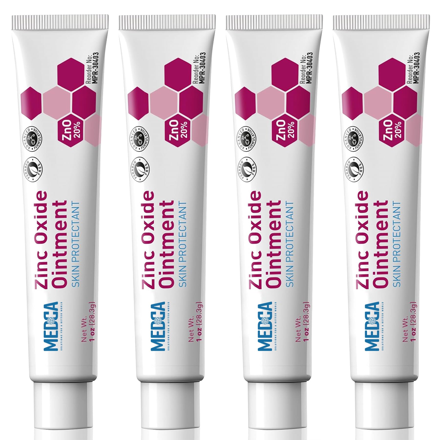 High-Potency 20% Zinc Oxide Ointment - (Pack of 4) Baby Diaper Rash Cream and Gentle Skin Protectant Barrier for Chafed Skin, Wetness, Daily & Overnight Protection Soothing, Hypoallergenic, 1oz Tubes