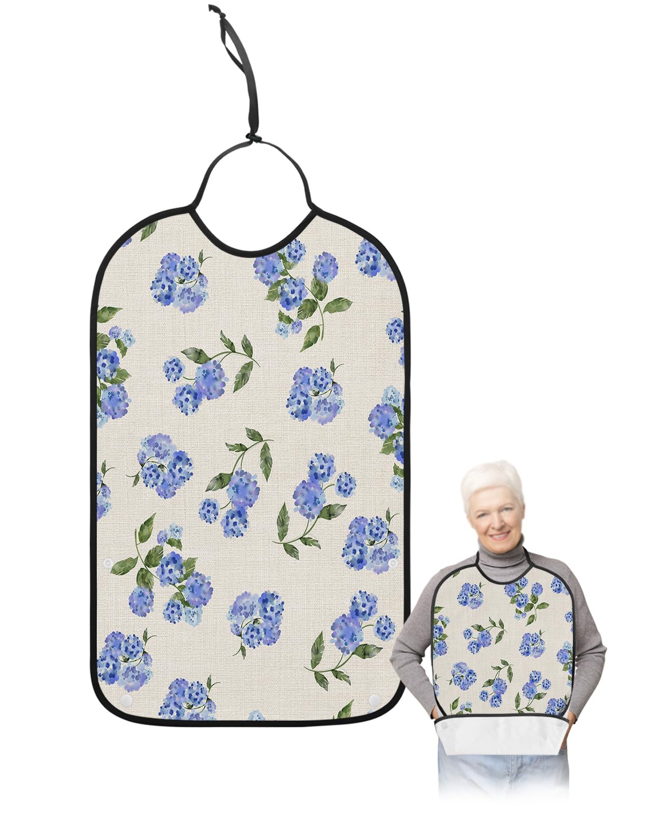 LEOKOTI Blue Spring Floral Adult Bibs for Eating, Waterproof Bibs with Food Catcher & Snap Closure, Pastoral Summer Botanical Flowers Rustic Washable Clothing Protectors Adult Bibs for Elderly