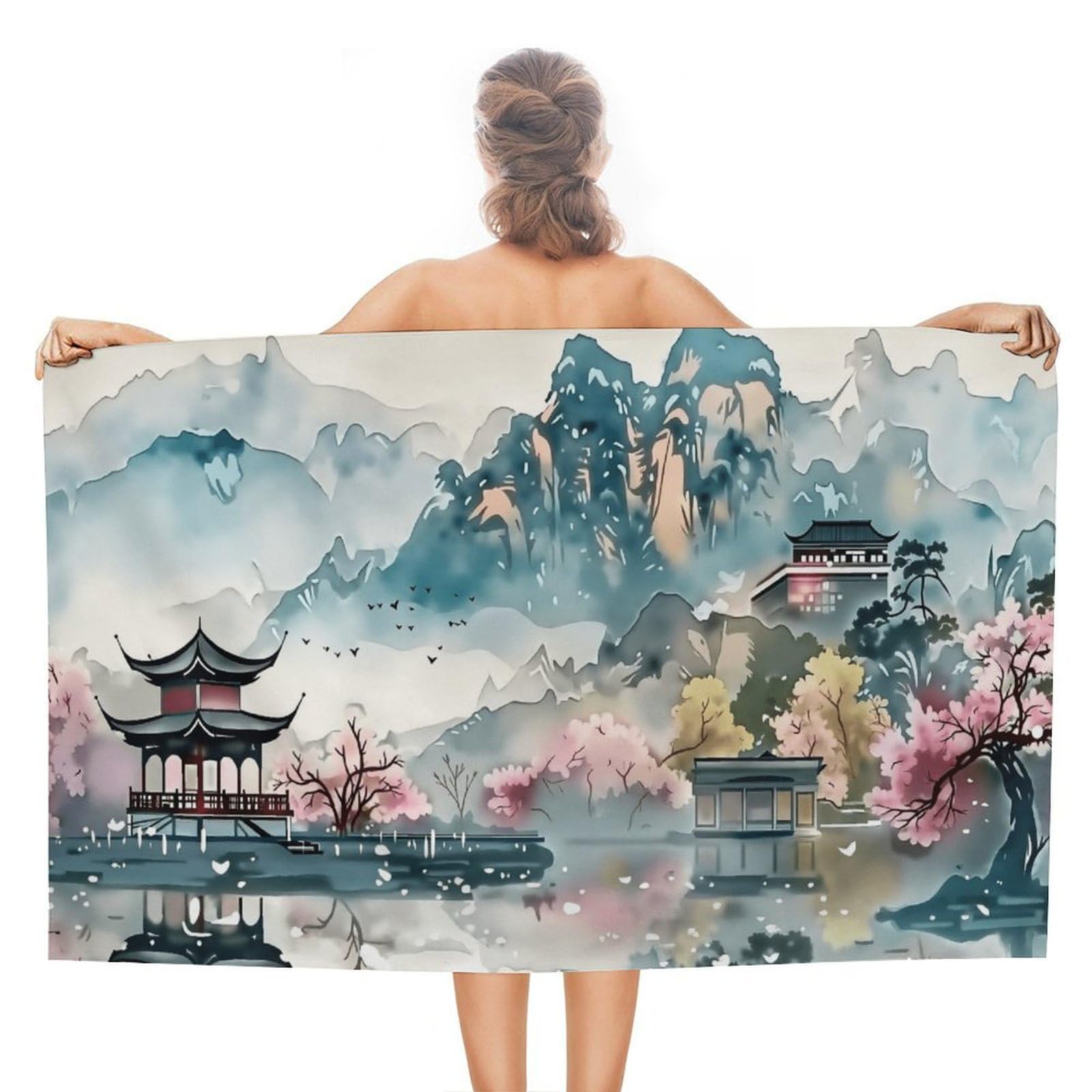 Anceky Oriental Landscape Beach Towel Microfiber Soft Absorbent Oversized Large Bath Towel Blanket Thin Quick Dry for Adults Swimming Pool Yoga Gym Travel 51"X31"