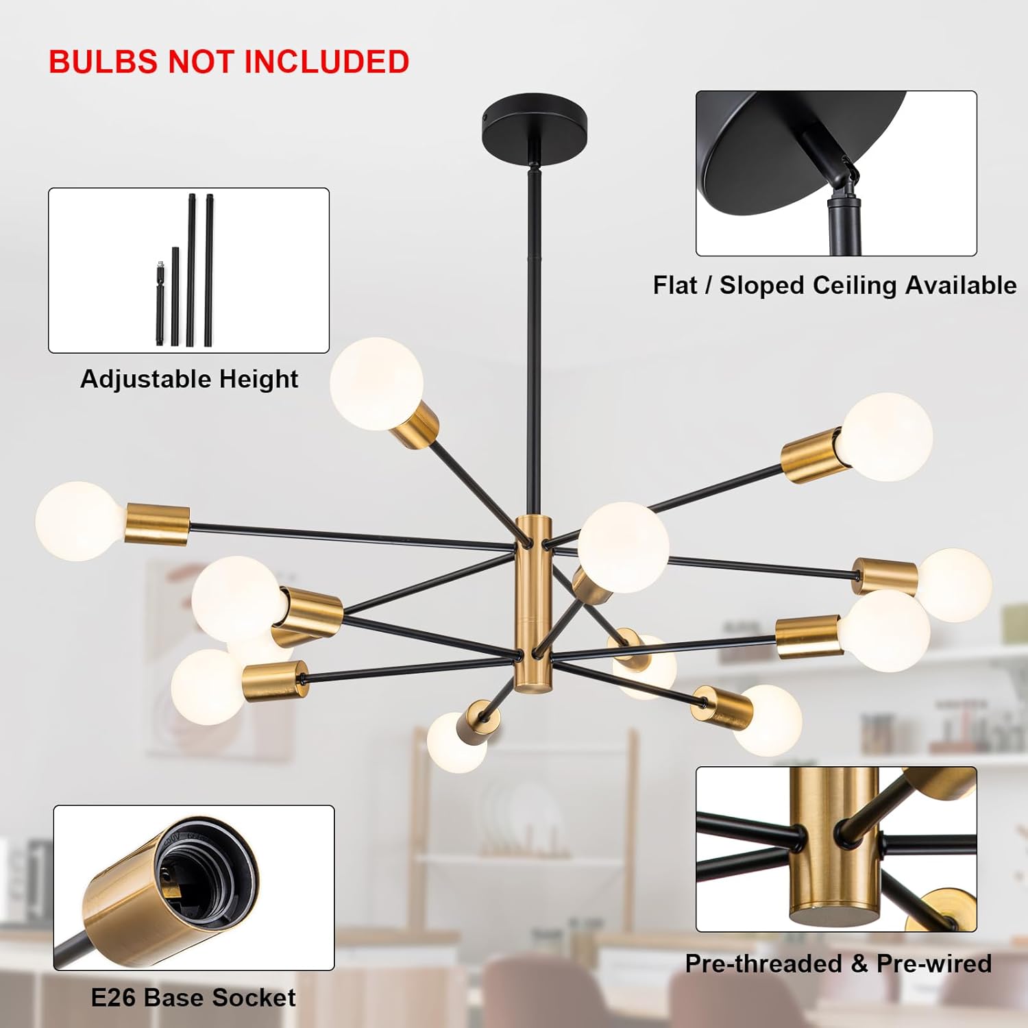 SINERISE Modern Sputnik Chandelier Light Fixture, 12-Light Chandelier Ceiling Light Fixture Black and Gold Mid Century Chandelier Height Adjustable for Kitchen, Living Room, Bedroom, Hallway and Foyer