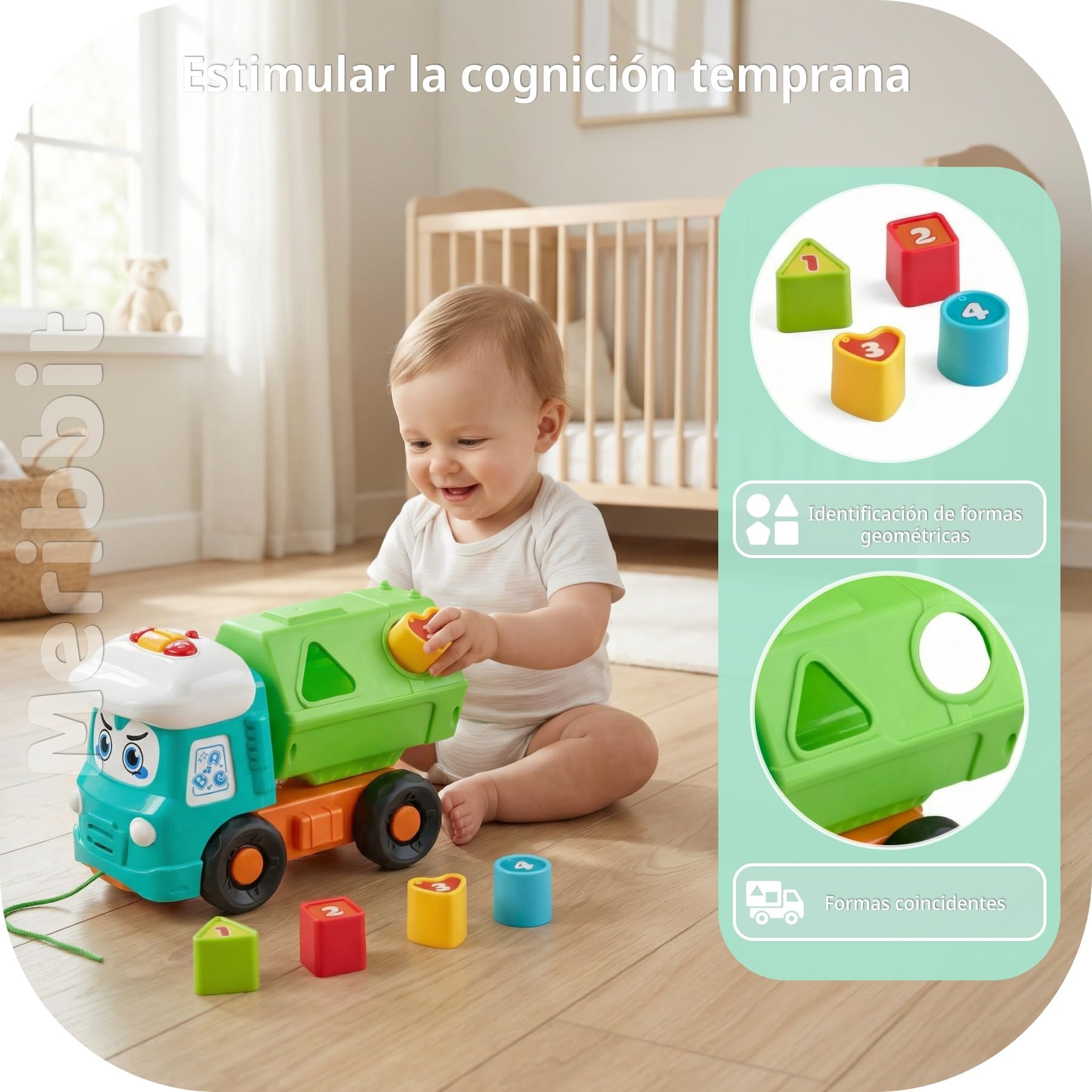 Juguetes Camión de Juguete para Niños 2 Años, Juguetes Sensoriales con Luces y Sonidos, Camión de Construcción con Formas y Cuerda de Arrastre, Juguetes Educativos para 1 2 3