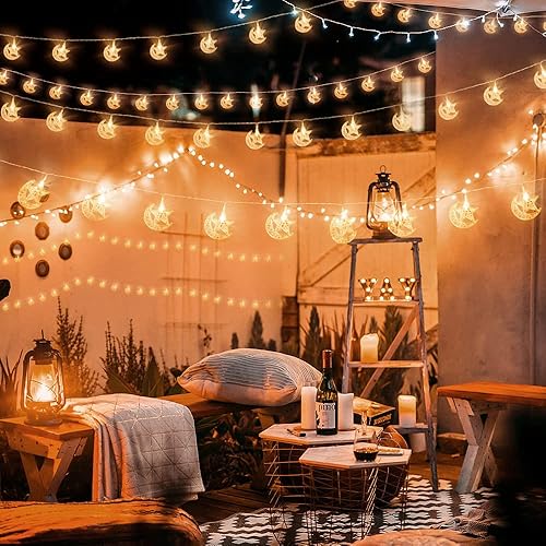 Miniatura 8 de AceList Guirnalda de luces de decoración de Ramadán 2025 con luna y estrellas, 40 LED, luces alimentadas por batería de 20 pies  USB para Eid,