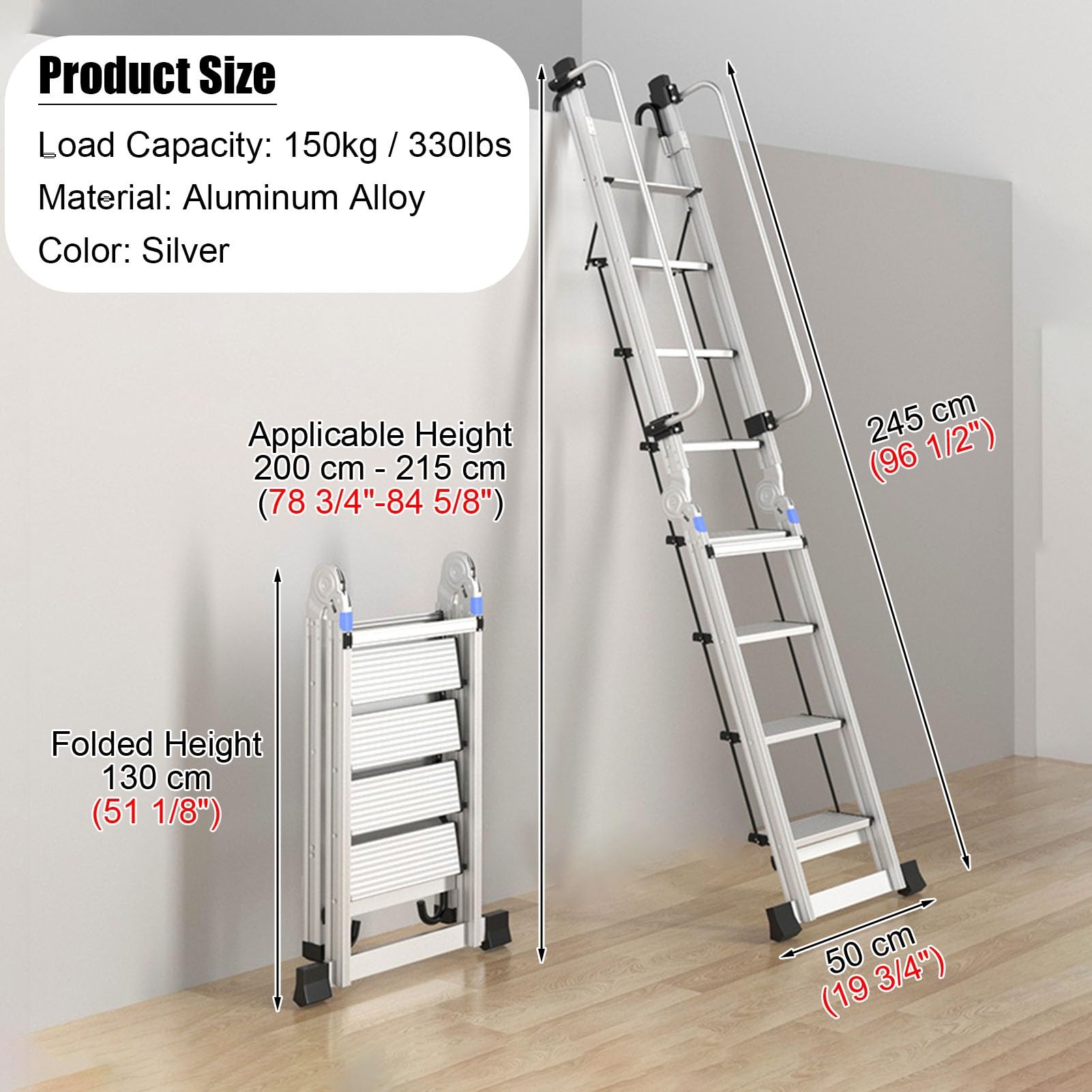 Escaleras para Áticos Escalera Portátil de Aluminio para Ático, Escalera de Escape Plegable para Interiores con Pasamanos y Base de Goma Antideslizante, Escalera Tipo Loft de Carga Alta para Sótano (