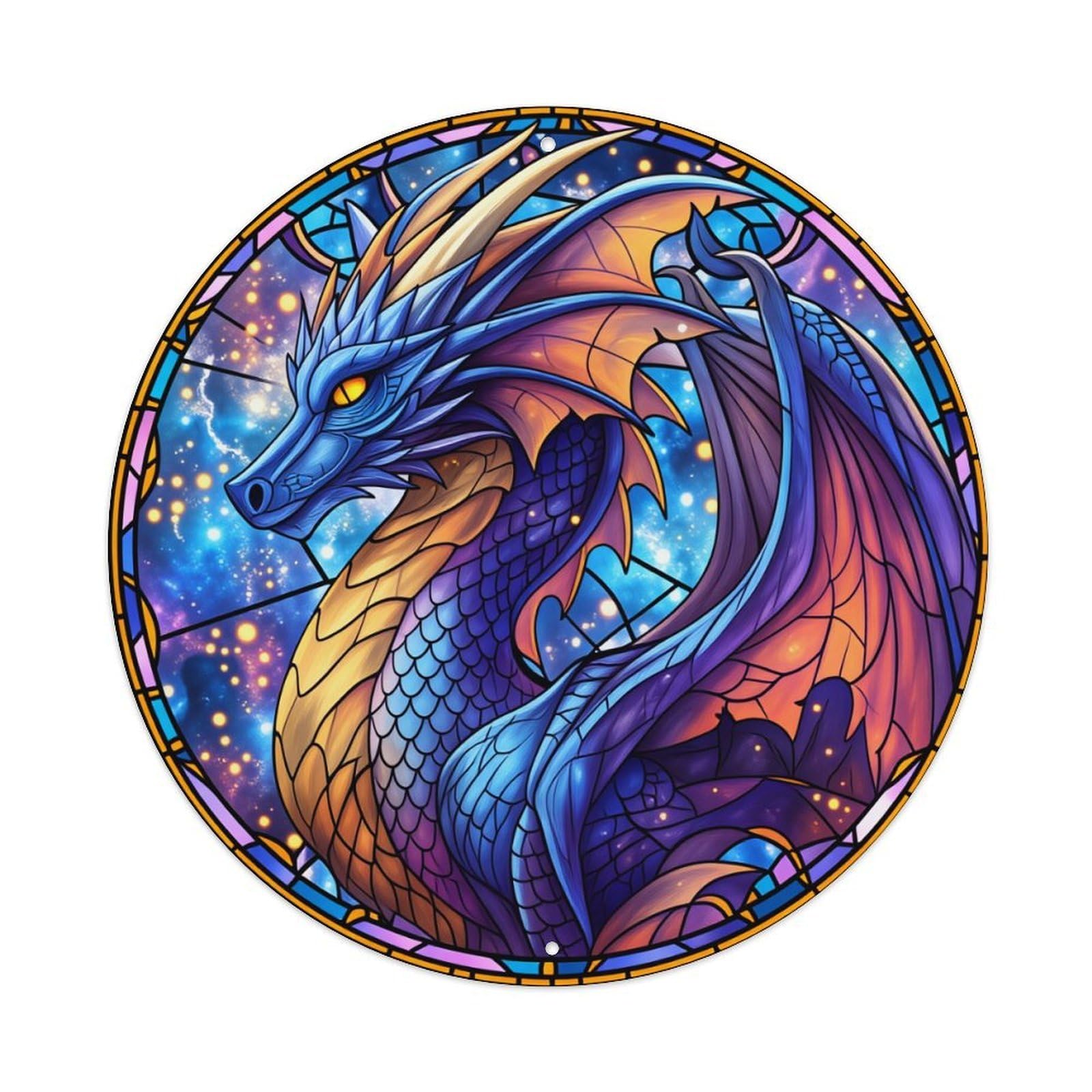 Stained Glass Dragon Cosmic Art Round Tin Sign Vintage Metal Poster Retro Bar, Home, Man Cave, Kitchen, Laundry Room Wall Art Decor Gift 8x8In