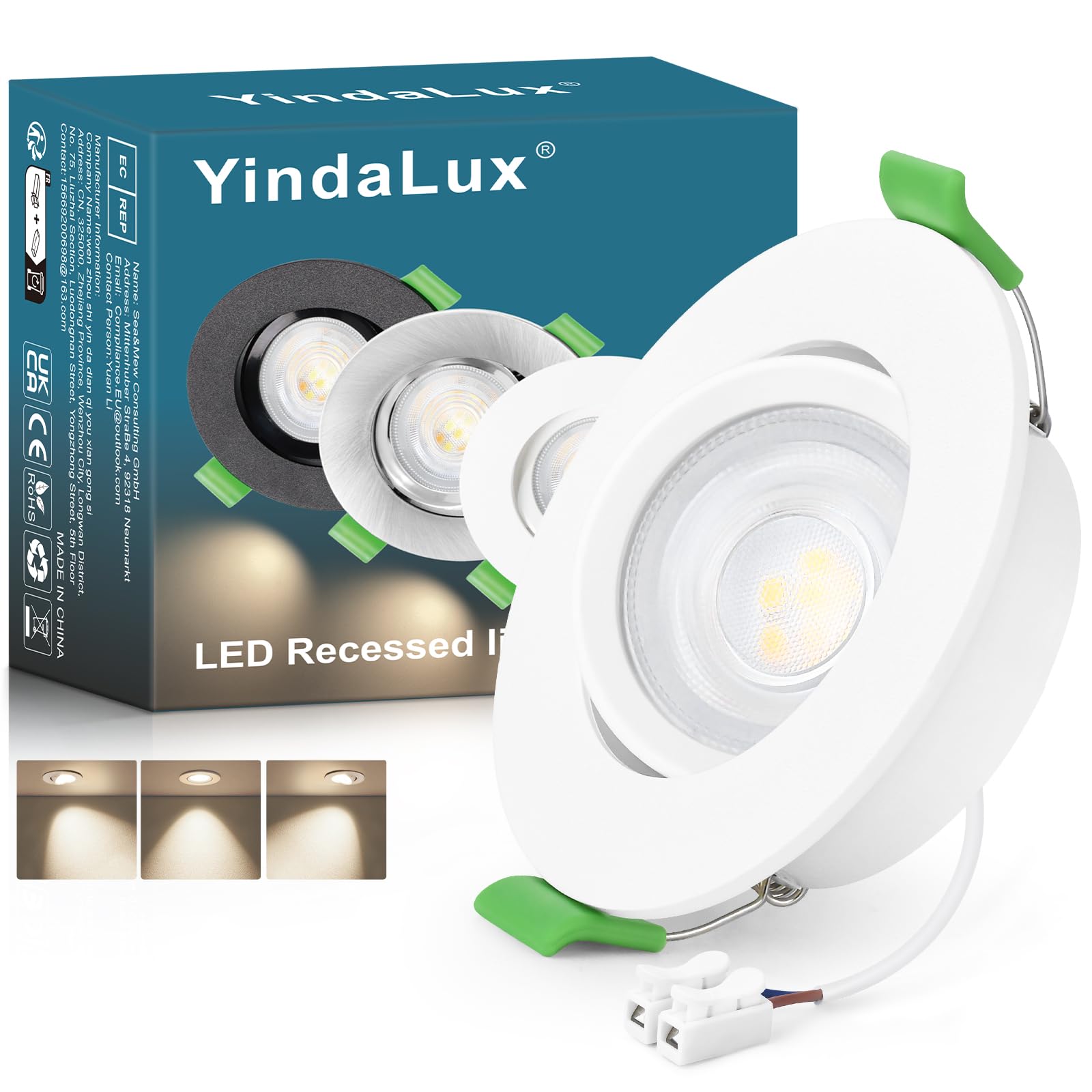 YindaLux 1x LED Recessed Spotlight 230V 5W 550LM 45° Adjustable IP44 Ceiling Spotlight 4000K Neutral Light, Drilling 68mm Flat GU10 Recessed Spotlights for Bathroom Living Room White, Non-Dimmable
