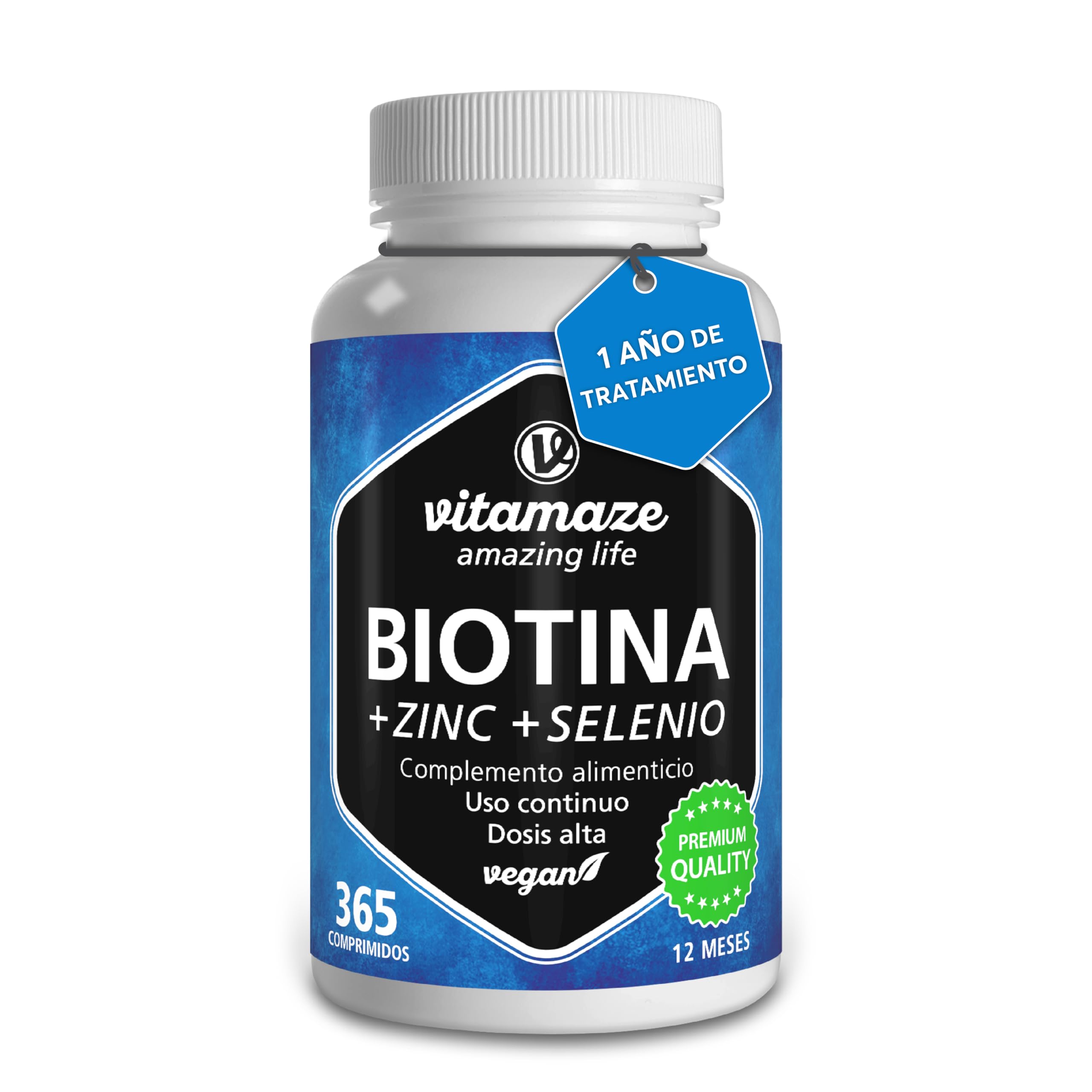 Vitamaze® Biotina 10.000 mcg, 1 Año de Alta Dosis con Zinc y Selenio- 365 Comprimidos - Biotina para el Cabello, Piel y Uñas, Vitaminas para el cabello. Calidad Alemana.