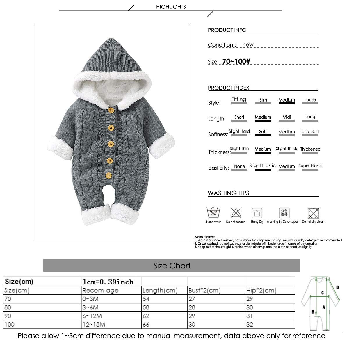 Haokaini Bebé Recién Nacido con Capucha Mameluco de Punto Suéter de Lana Más Cálido Traje de Nieve Mono Overoles Peleles Ropa de Abrigo de Invierno Infantil para Niños Niñas