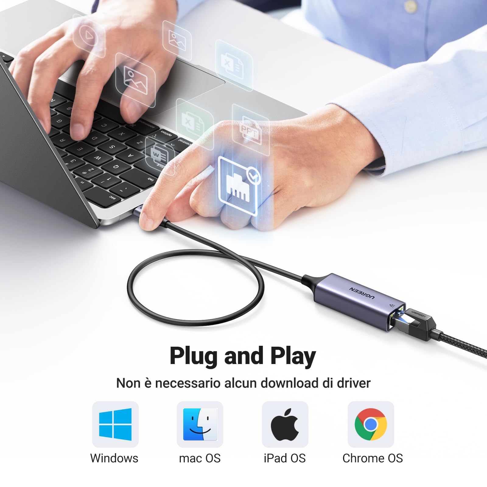 UGREEN Adattatore USB C Ethernet Gigabit, Adattatore Thunderbolt USB C a RJ45 Rete LAN 1Gbps Compatibile con iPhone 16 Plus Pro Max 15 MacBook Pro Air M2 iPad Pro Air 5 XPS Surface Pro Galaxy S24 50CM