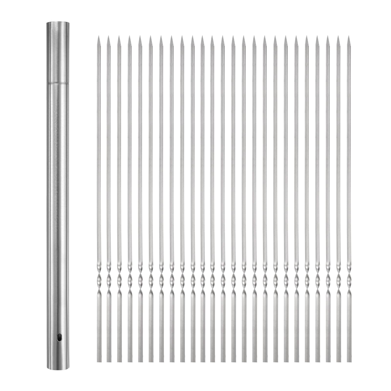 QUARKZMAN Pack of 50 Metal Kebab Skewers 40 cm x 2.8 mm Stainless Steel Flat Rods Reusable BBQ Grill Skewers Outdoor Grill Stick with Storage Tube for Meat, Shrimp, Fruit and Vegetables