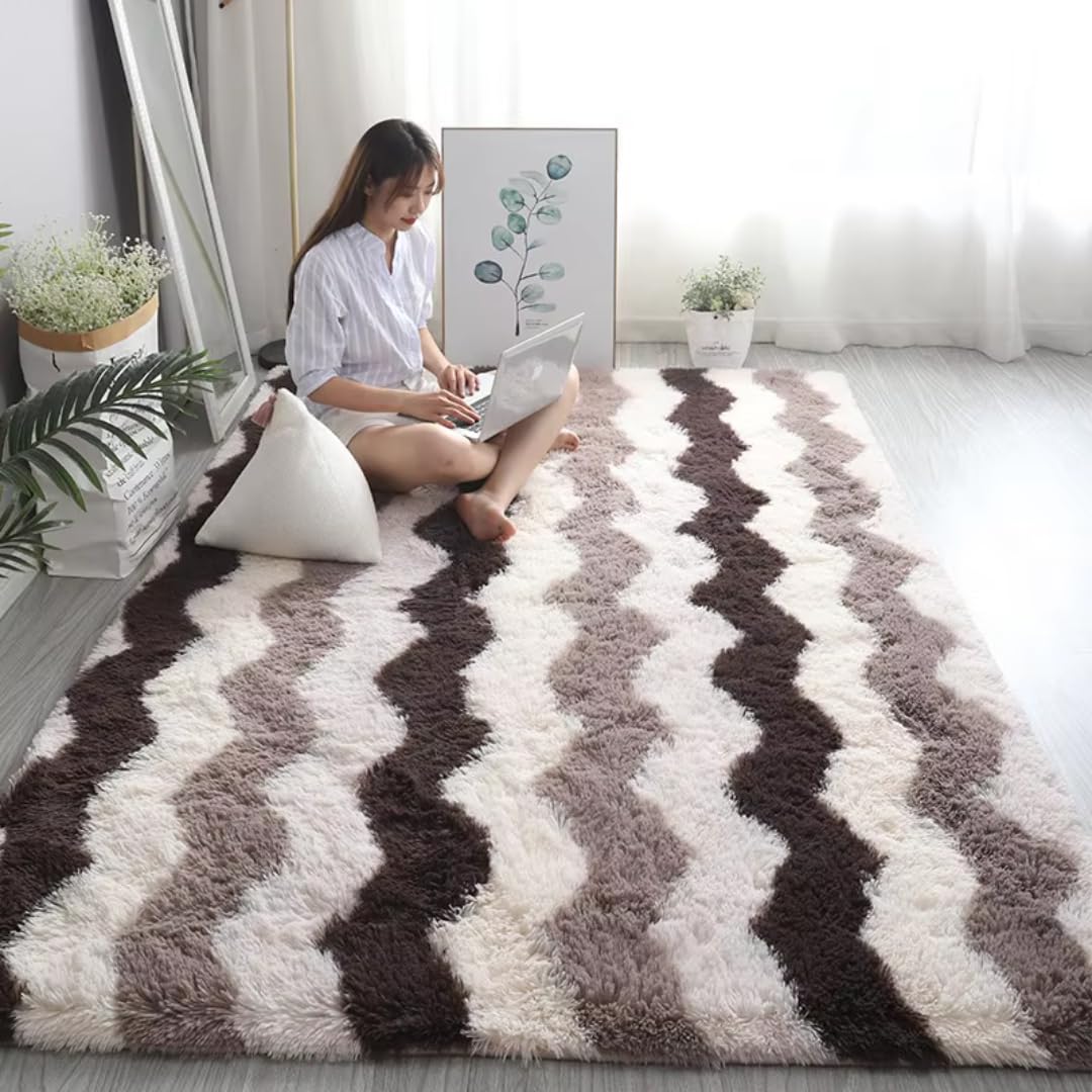 Biały puszysty dywan do salonu, nowoczesny, sypialniany, wystrój domu, duże maty, gruby, futrzany dywanik (60x160 cm, 23x63 cale, paski kawowe)