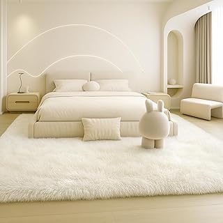 8x10 Area Rugs Living Room, Cream White Large Plush Fluffy Bedroom Carpe...