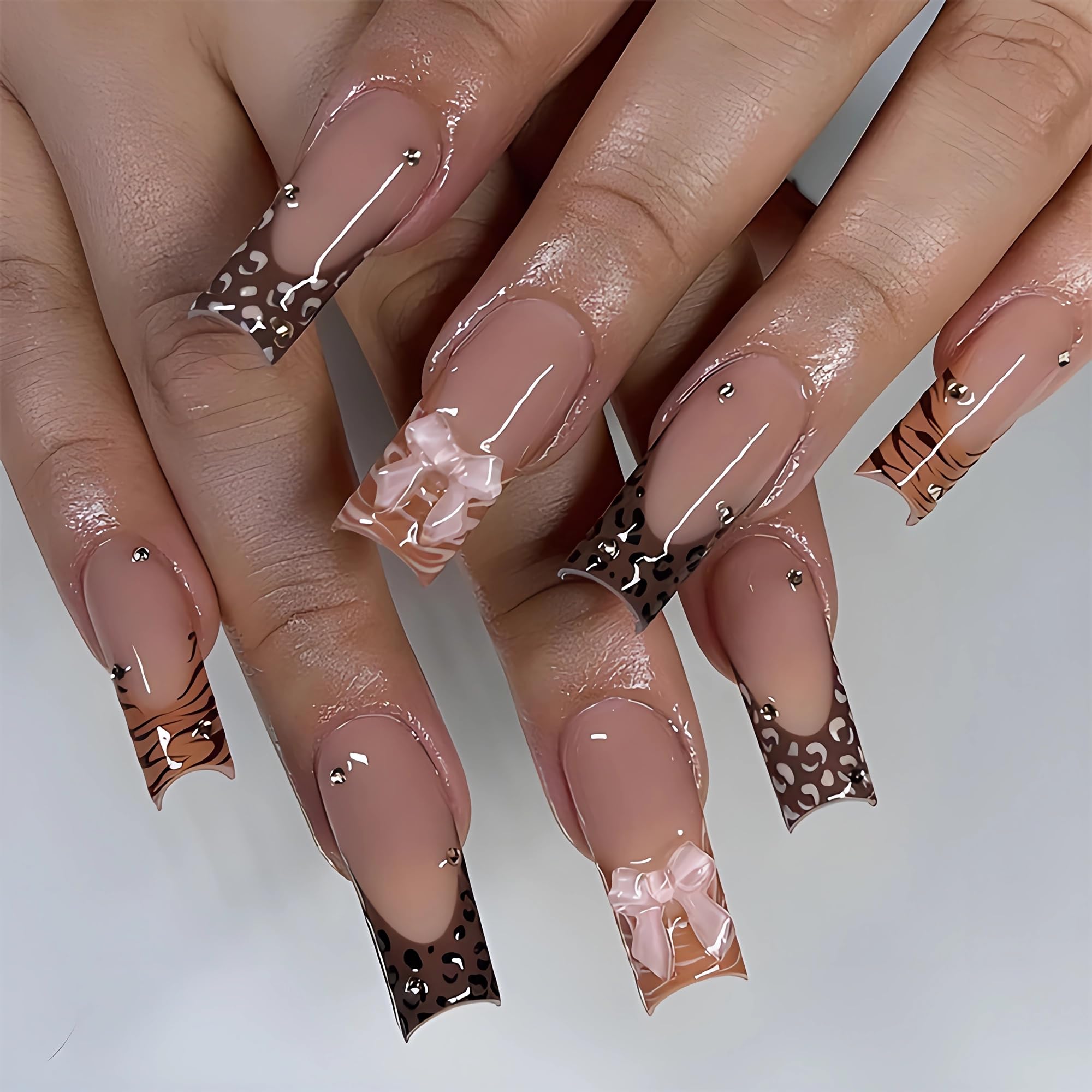 BABALAL Square Press on False Nails Long Glue on Fake Nails, Brown Cheetah, French Tip Acrylic, Pink Bow Charm, 24pcs Manicure Stick on Glossy