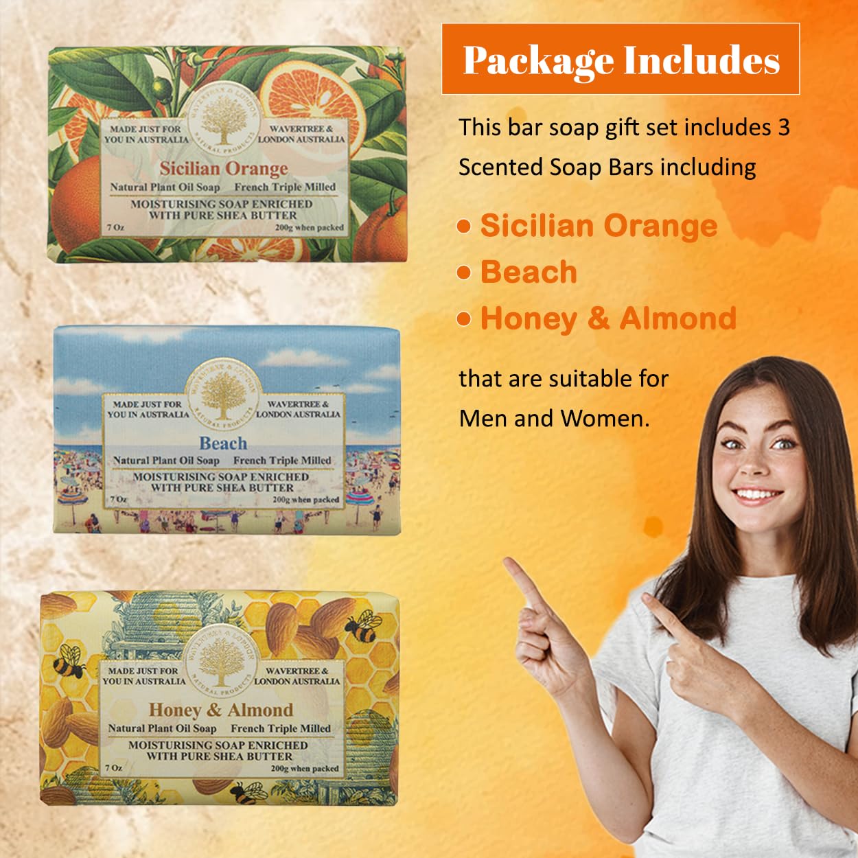 Wavertree & London Trio Gift Box (3 Bars) - 7oz Honey & Almond, Beach and Sicilian Orange Scented Moisturizing Triple Milled Natural Soap Bars - Pure Plant Oil Soap Bars for All Skin Types